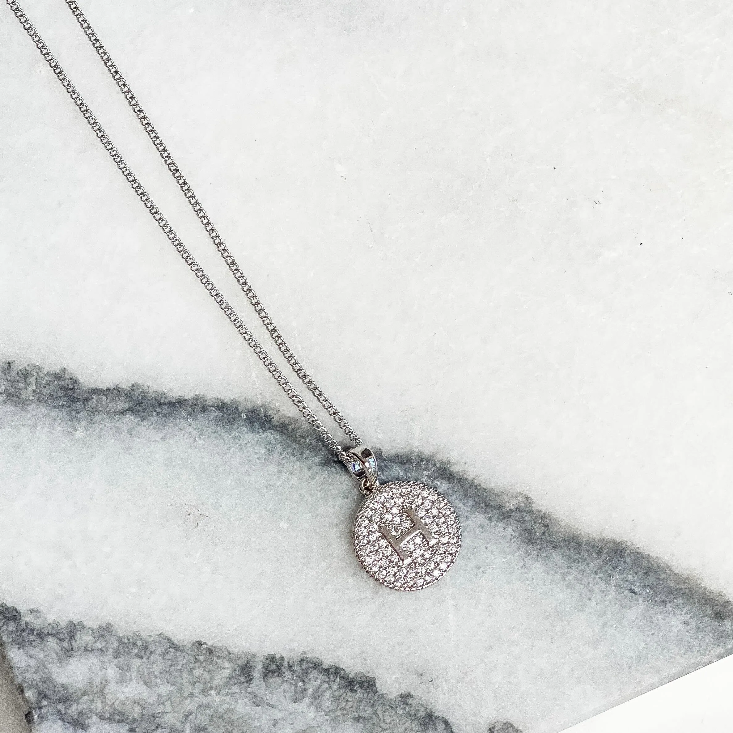 Cubic Zirconia Initial Disc Pendant Necklaces - White Gold