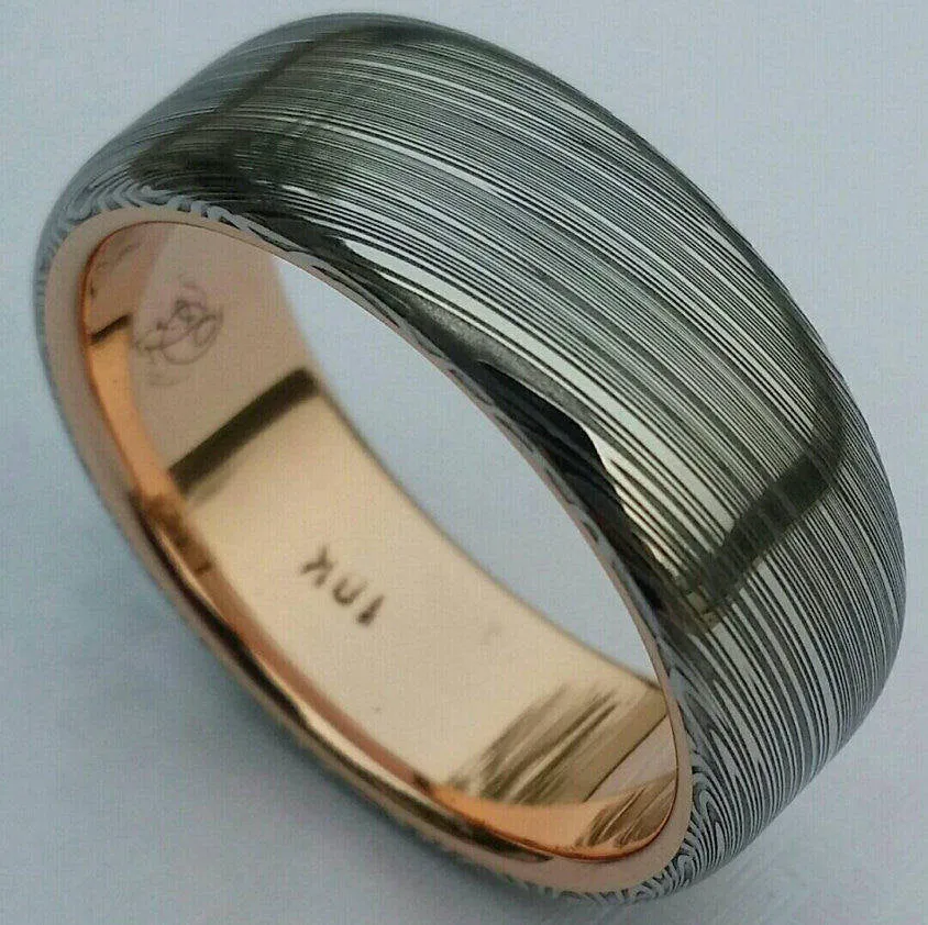 Damascus steel ring 14k or 18k rose Gold & Stainless Damascus damasteel ring "leaf" pattern mens wedding band ( customizable)