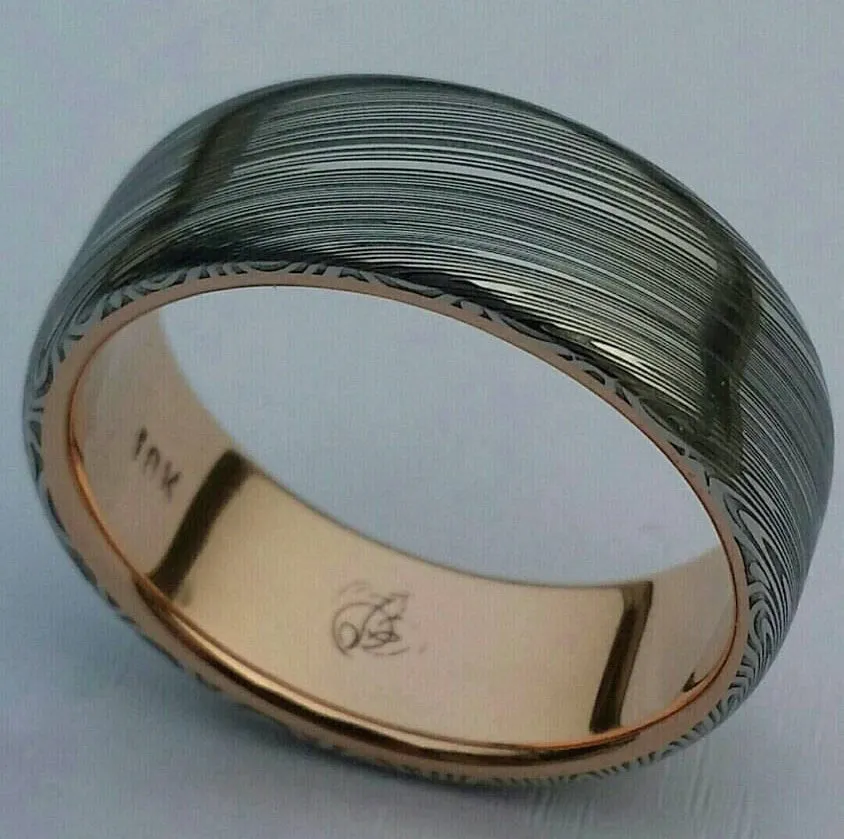 Damascus steel ring 14k or 18k rose Gold & Stainless Damascus damasteel ring "leaf" pattern mens wedding band ( customizable)