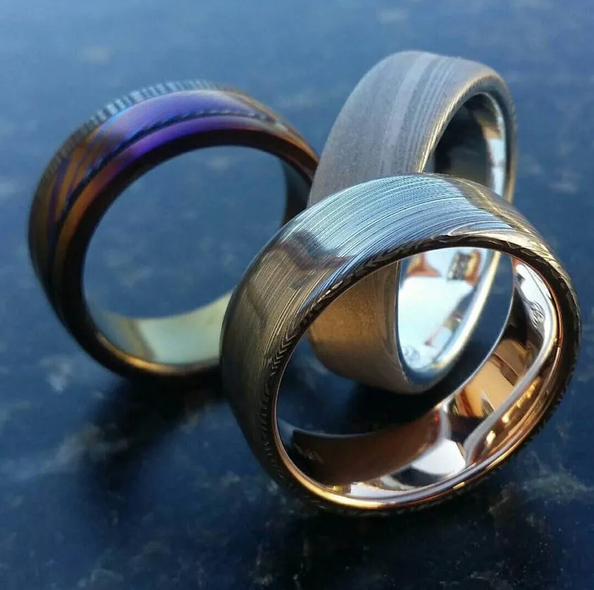 Damascus steel ring 14k or 18k rose Gold & Stainless Damascus damasteel ring "leaf" pattern mens wedding band ( customizable)
