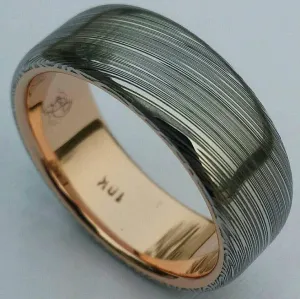 Damascus steel ring 14k or 18k rose Gold & Stainless Damascus damasteel ring "leaf" pattern mens wedding band ( customizable)