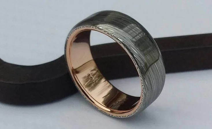 Damascus steel ring 14k or 18k rose Gold & Stainless Damascus damasteel ring "leaf" pattern mens wedding band ( customizable)