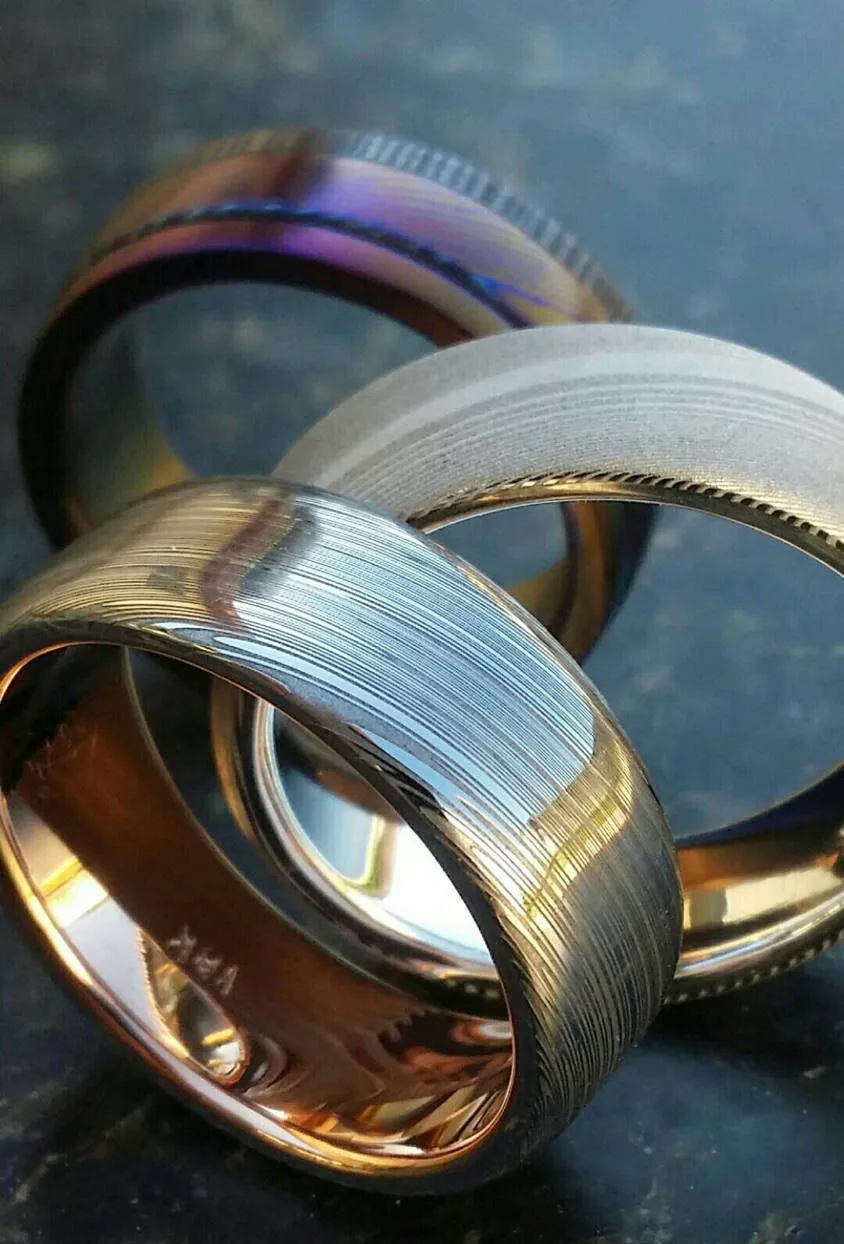 Damascus steel ring 14k or 18k rose Gold & Stainless Damascus damasteel ring "leaf" pattern mens wedding band ( customizable)
