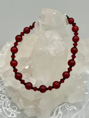 Dark Red Round Beads With Dark Red Faceted Crystal Beaded Bracelet, Nature Inspired Jewelry
