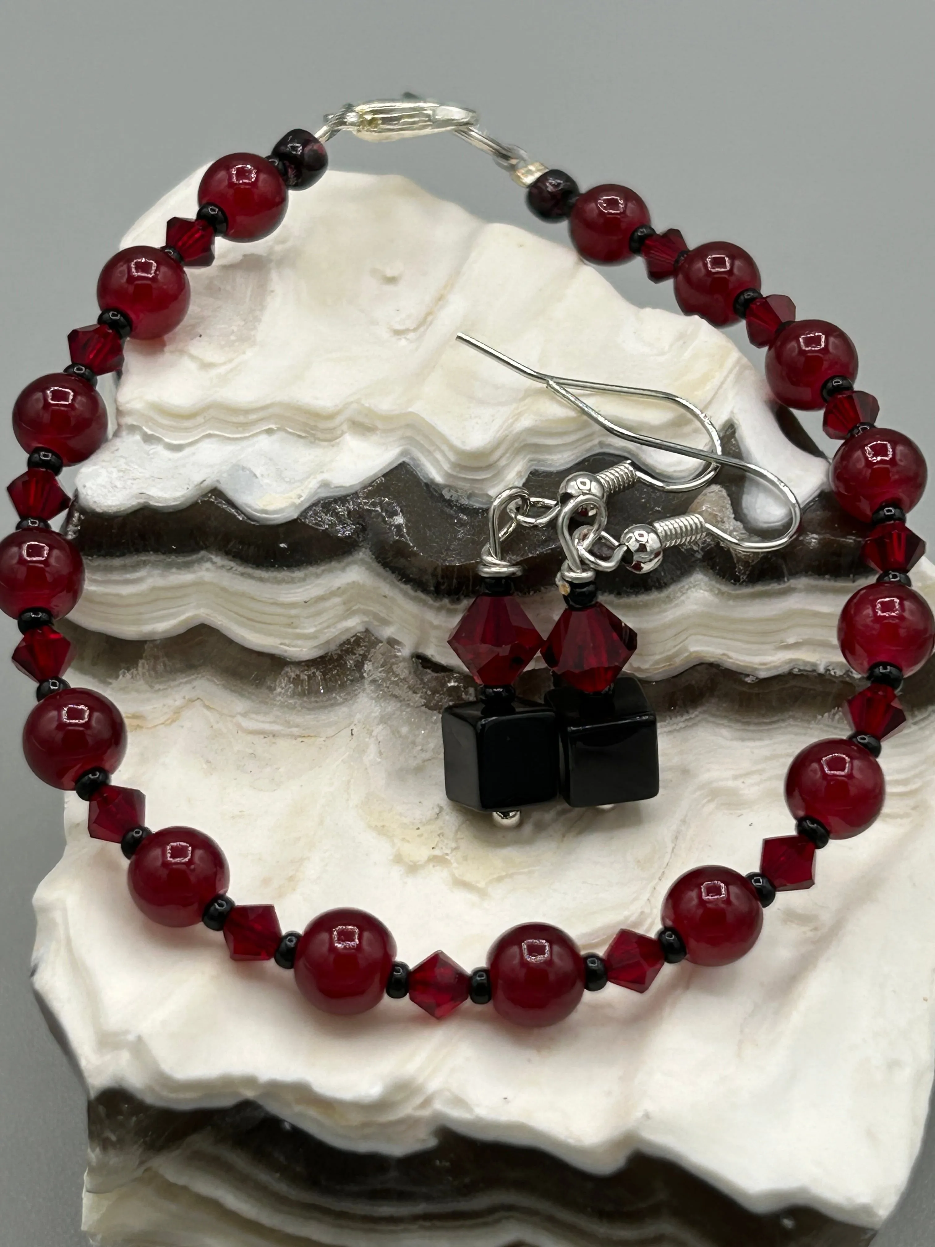 Dark Red Round Beads With Dark Red Faceted Crystal Beaded Bracelet, Nature Inspired Jewelry