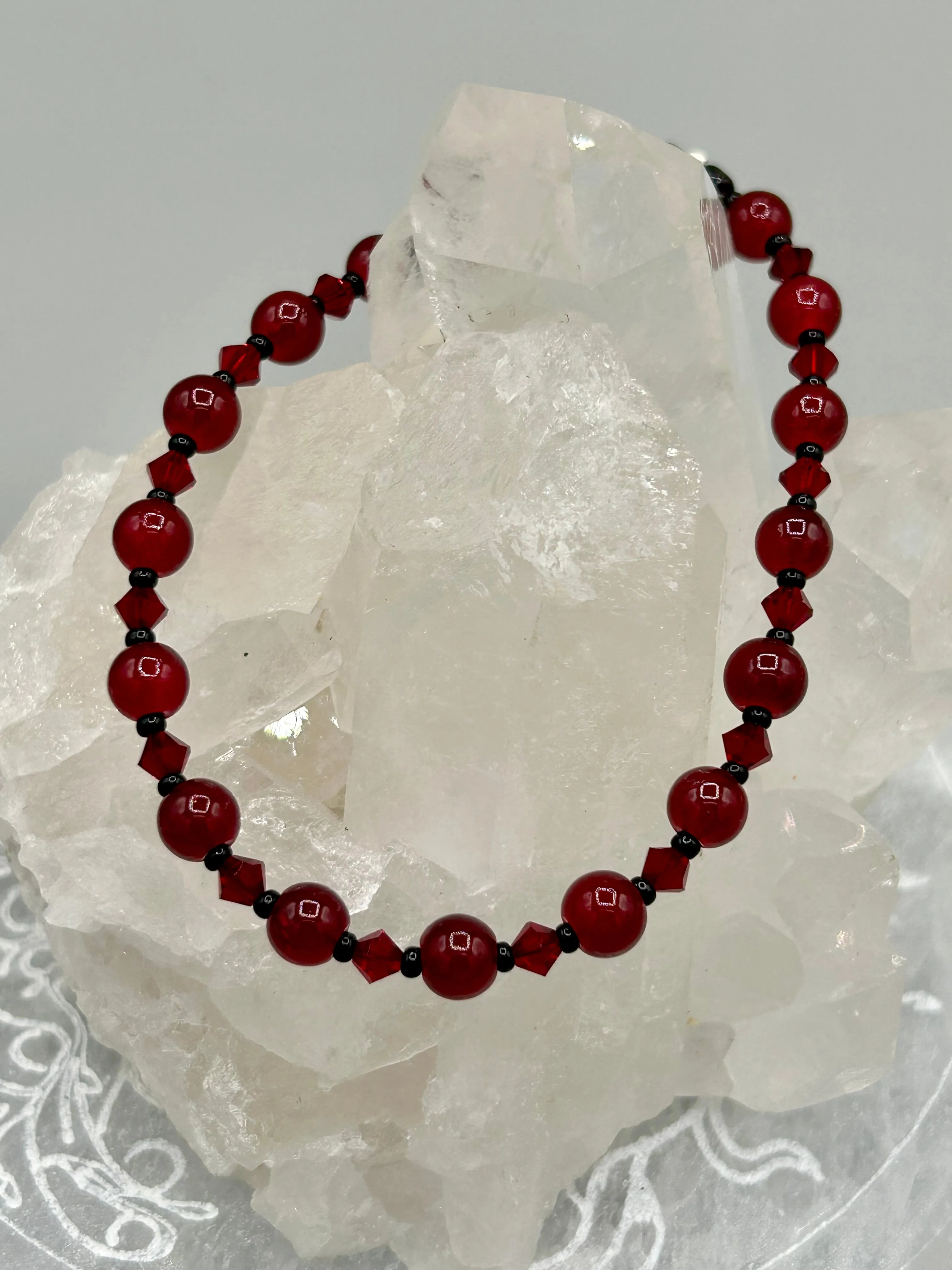 Dark Red Round Beads With Dark Red Faceted Crystal Beaded Bracelet, Nature Inspired Jewelry