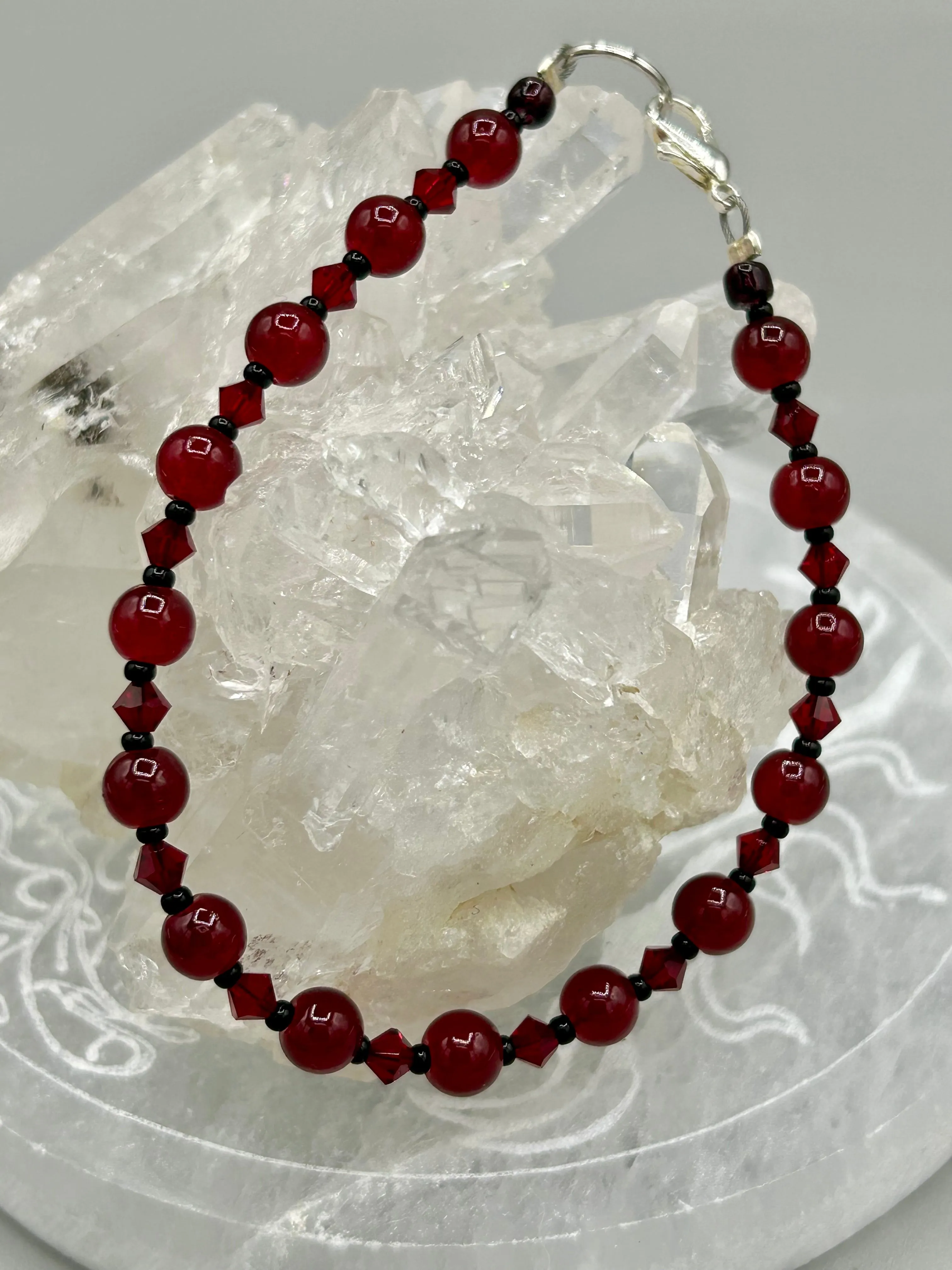 Dark Red Round Beads With Dark Red Faceted Crystal Beaded Bracelet, Nature Inspired Jewelry