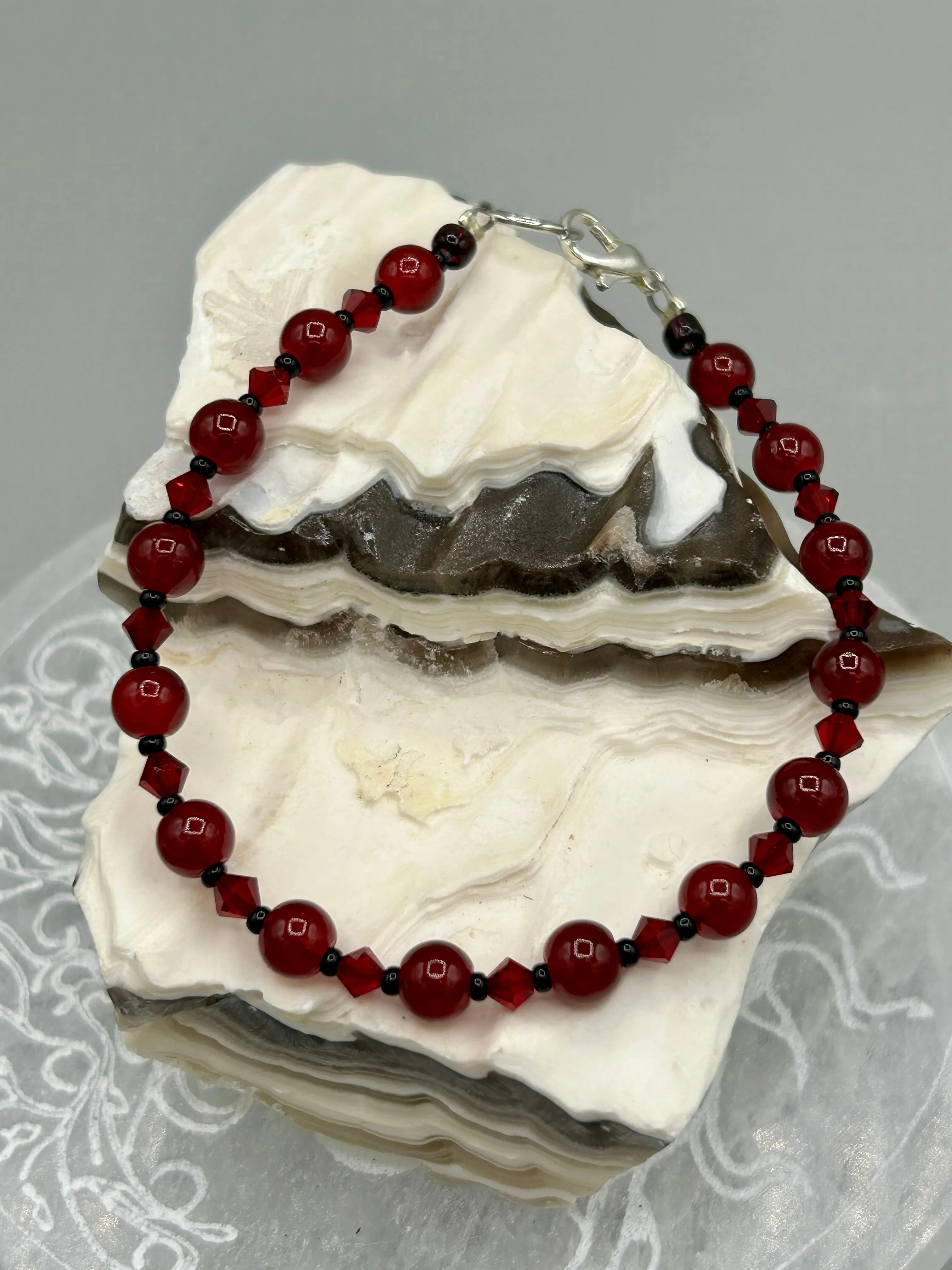 Dark Red Round Beads With Dark Red Faceted Crystal Beaded Bracelet, Nature Inspired Jewelry