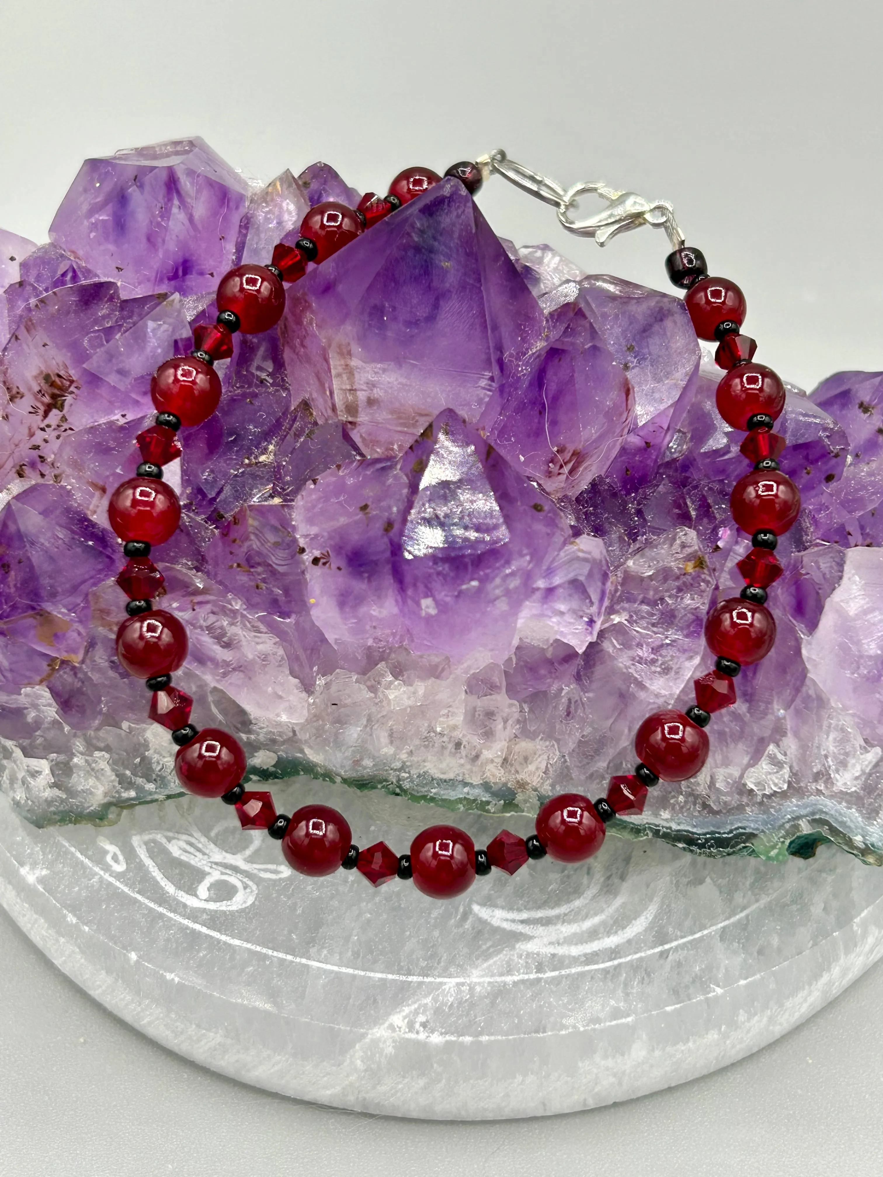 Dark Red Round Beads With Dark Red Faceted Crystal Beaded Bracelet, Nature Inspired Jewelry