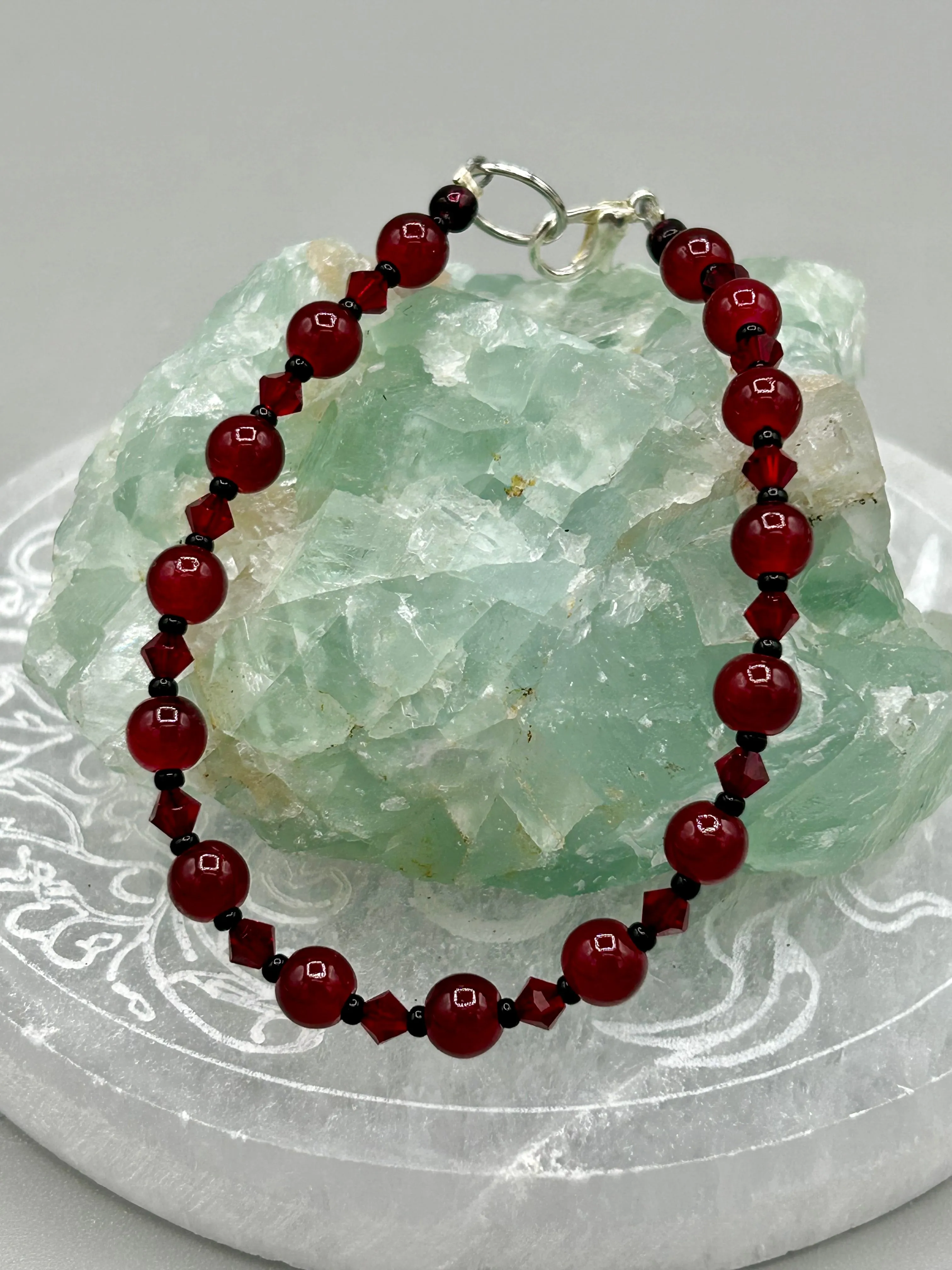 Dark Red Round Beads With Dark Red Faceted Crystal Beaded Bracelet, Nature Inspired Jewelry