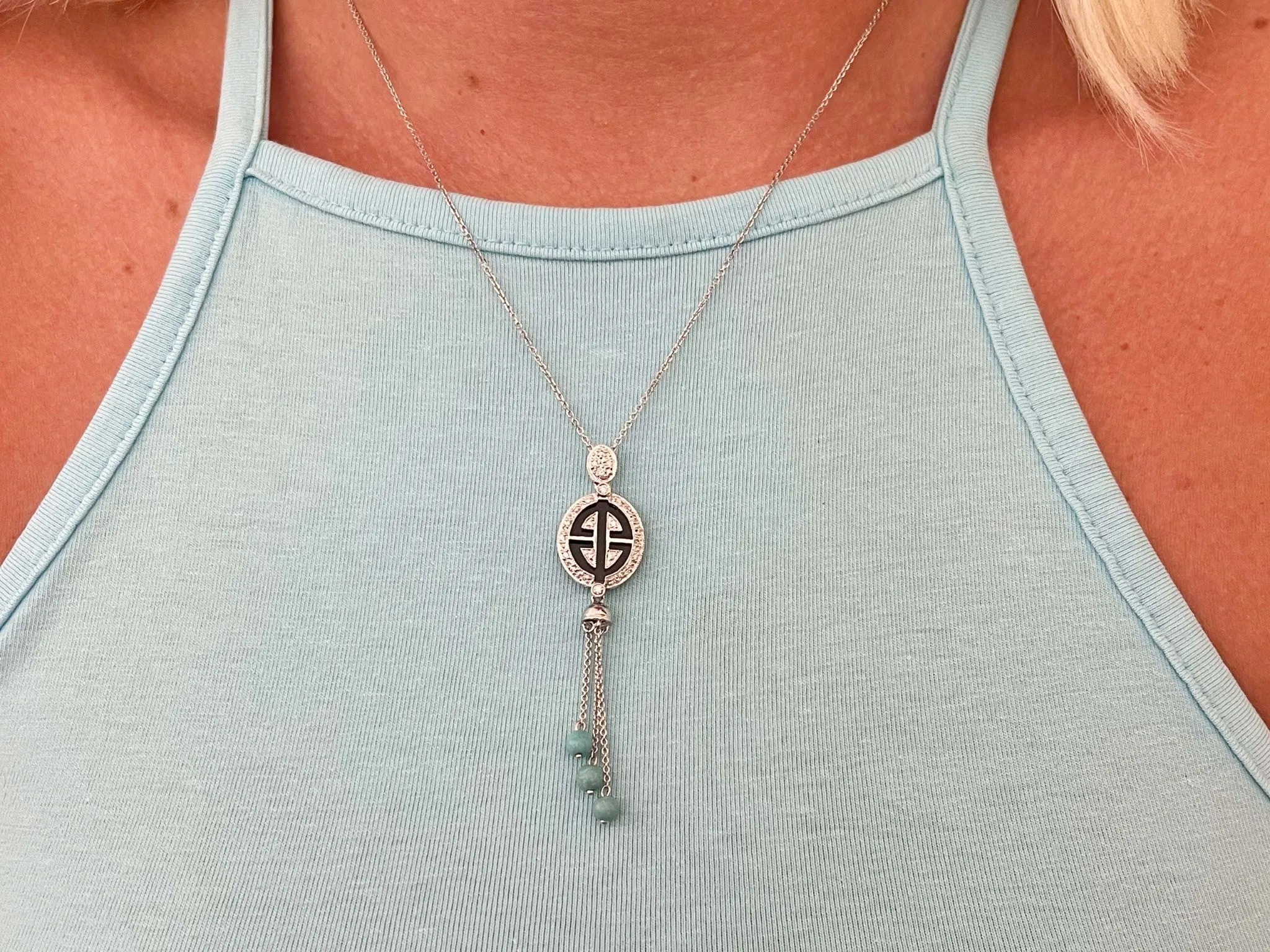 Diamond and Black Enamel Dangly Turquoise Necklace in 18k White Gold