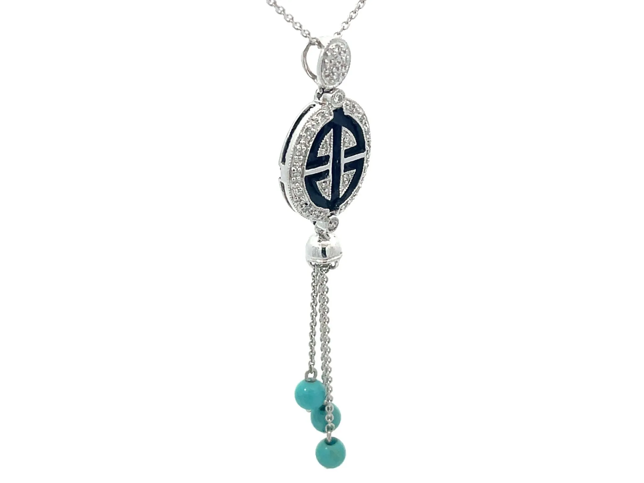 Diamond and Black Enamel Dangly Turquoise Necklace in 18k White Gold