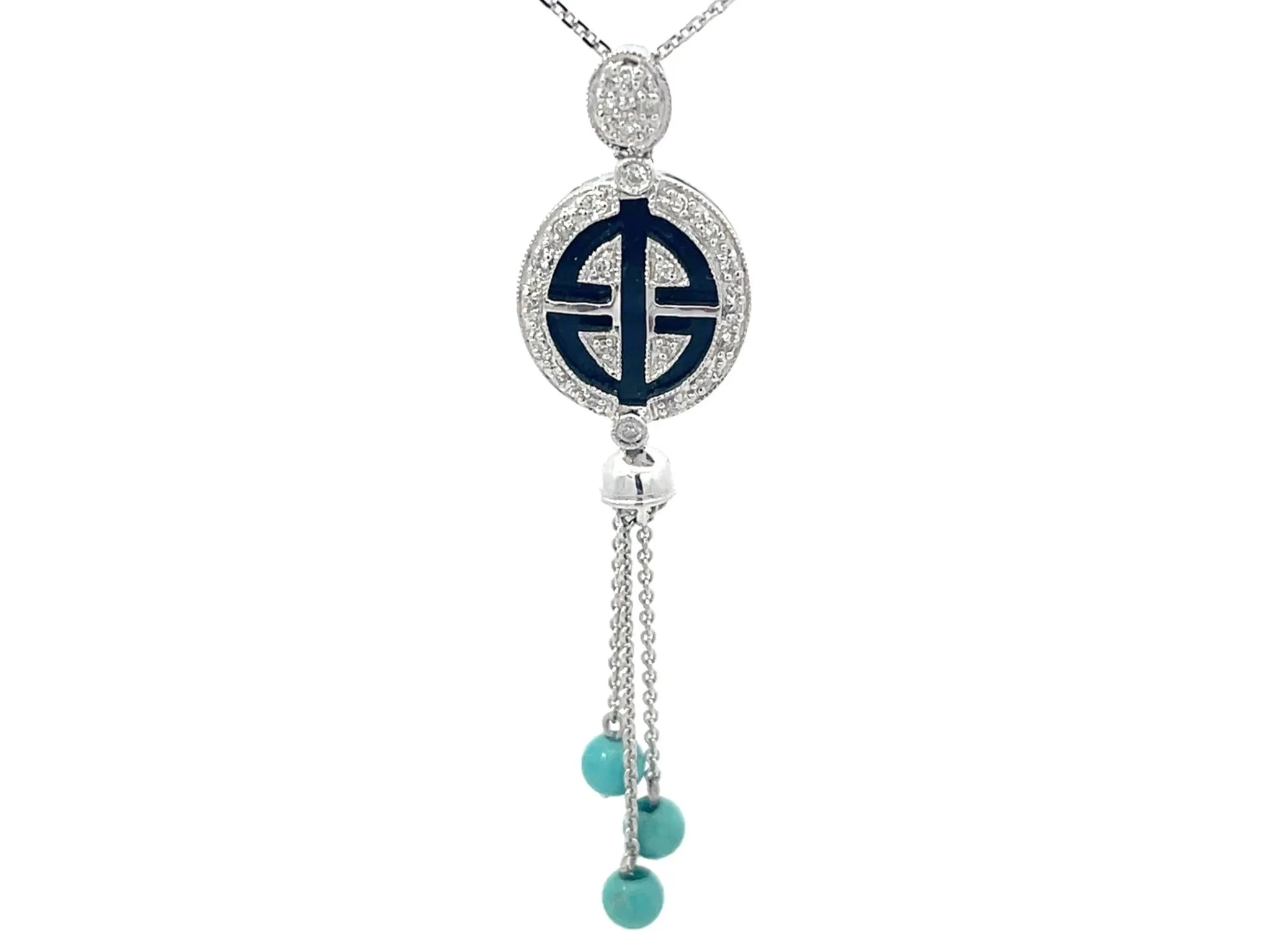 Diamond and Black Enamel Dangly Turquoise Necklace in 18k White Gold