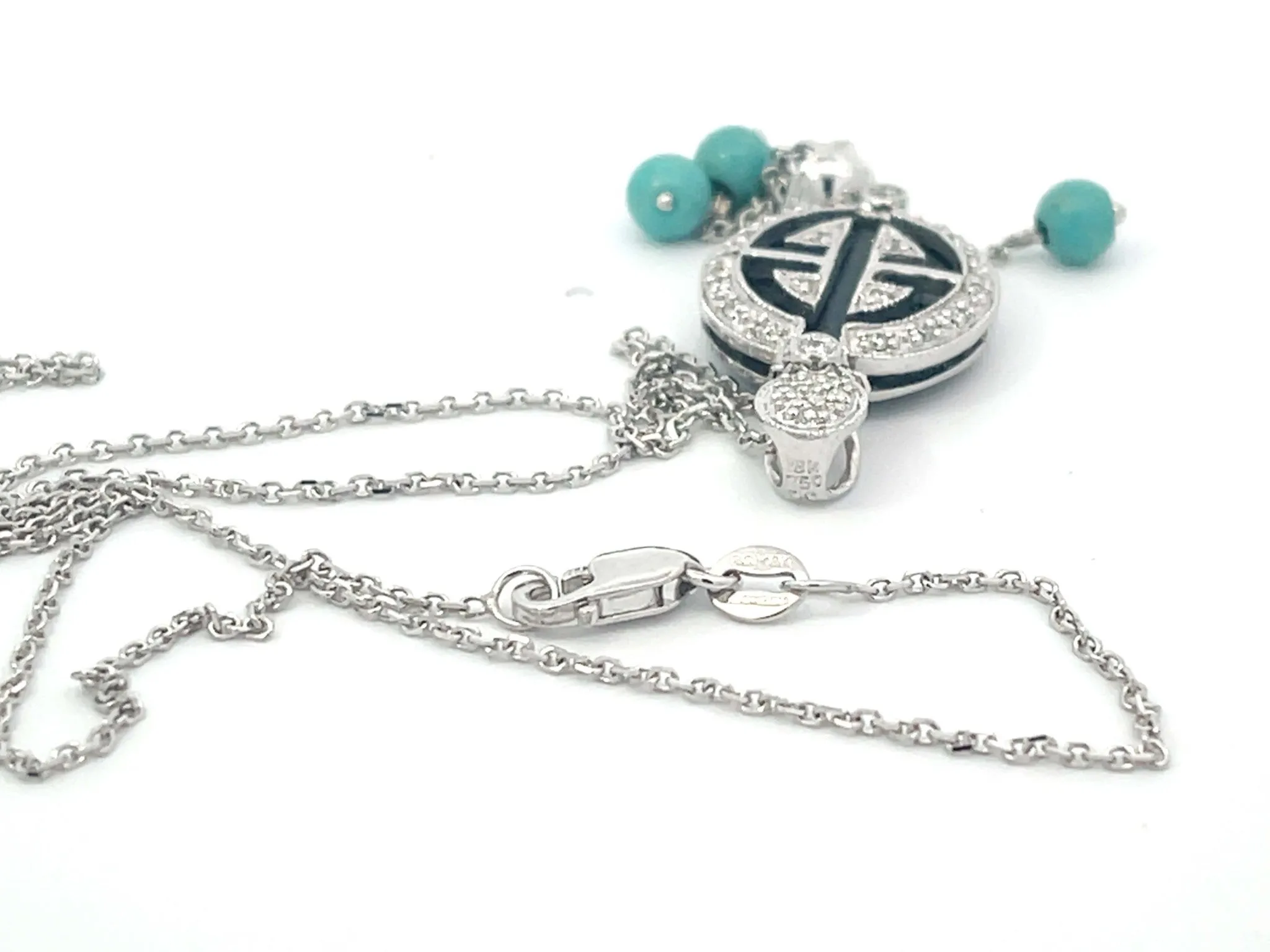 Diamond and Black Enamel Dangly Turquoise Necklace in 18k White Gold