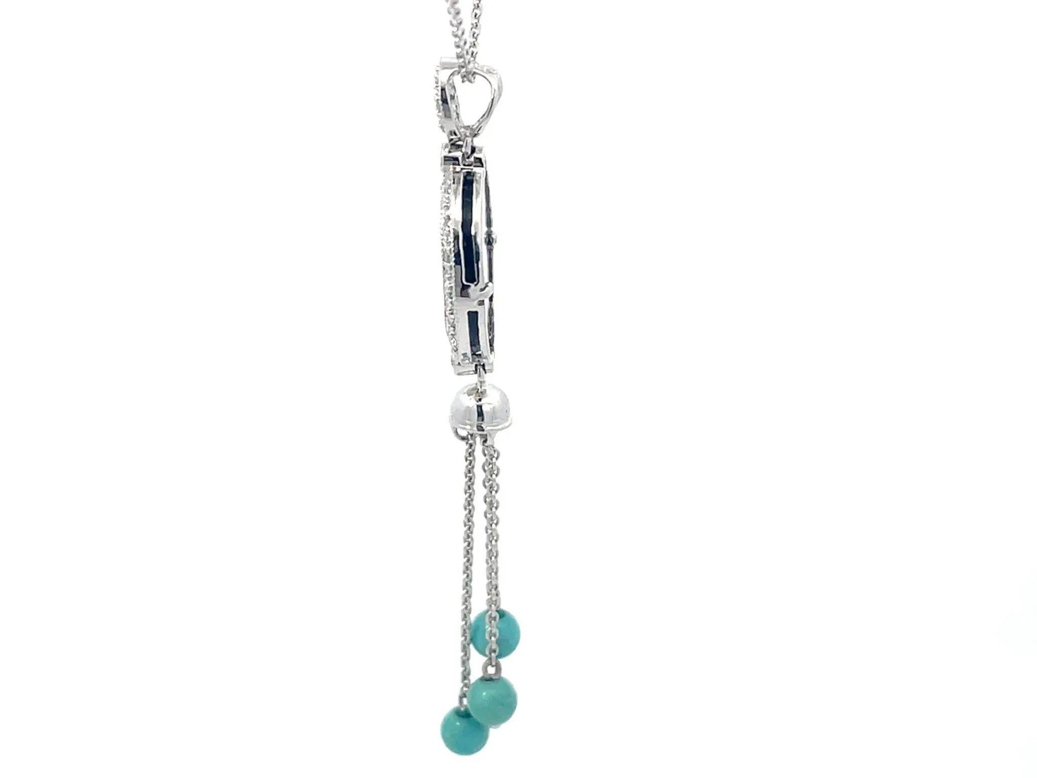 Diamond and Black Enamel Dangly Turquoise Necklace in 18k White Gold