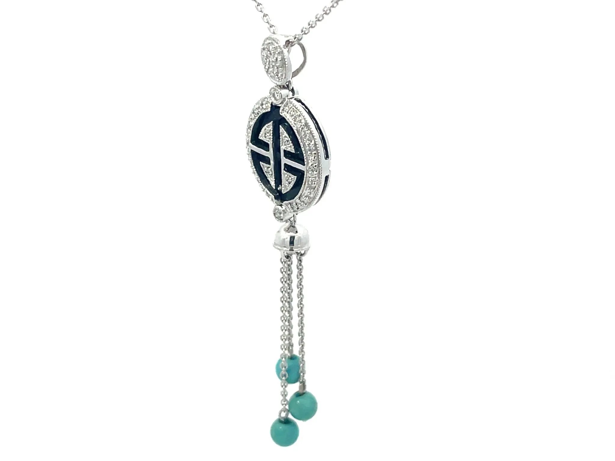 Diamond and Black Enamel Dangly Turquoise Necklace in 18k White Gold