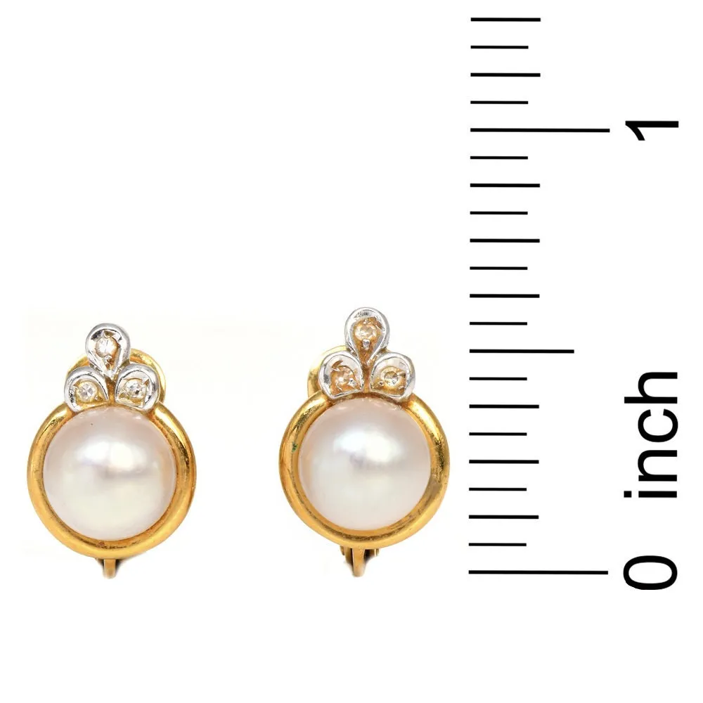 Diamond and Pearl 18K Yellow Gold Stud Earrings With Omega Backs