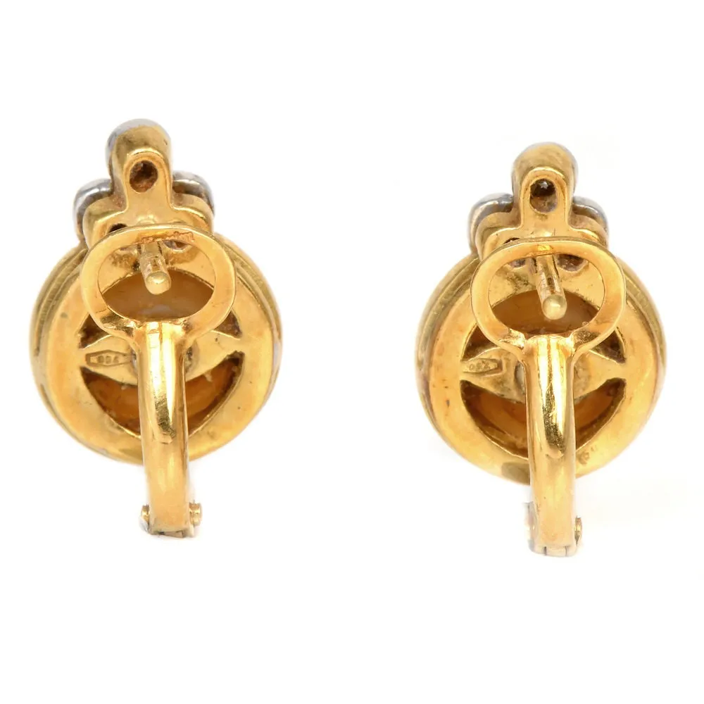 Diamond and Pearl 18K Yellow Gold Stud Earrings With Omega Backs