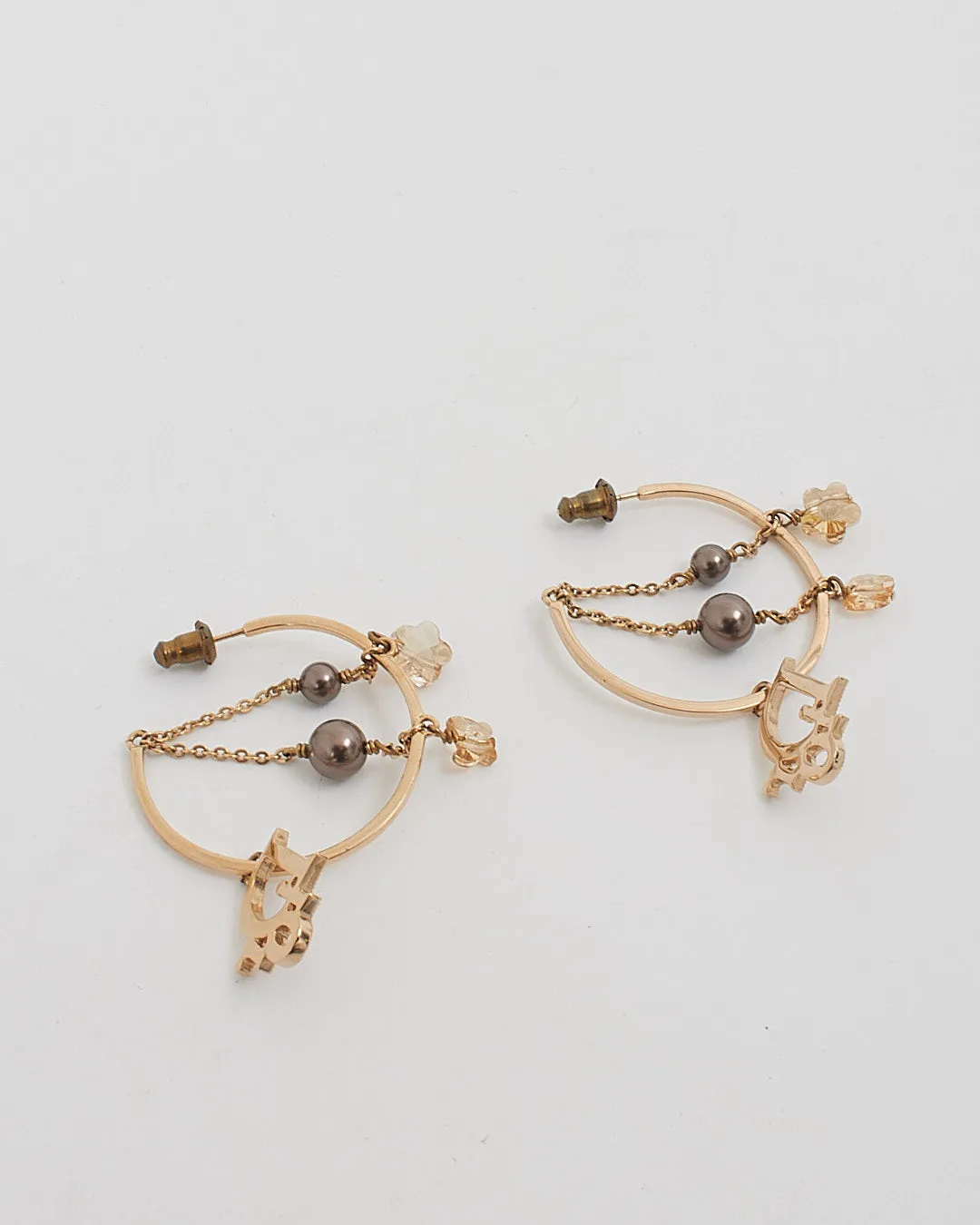 Dior Gold / Resin Pearl Crystal Logo Hoop Earrings
