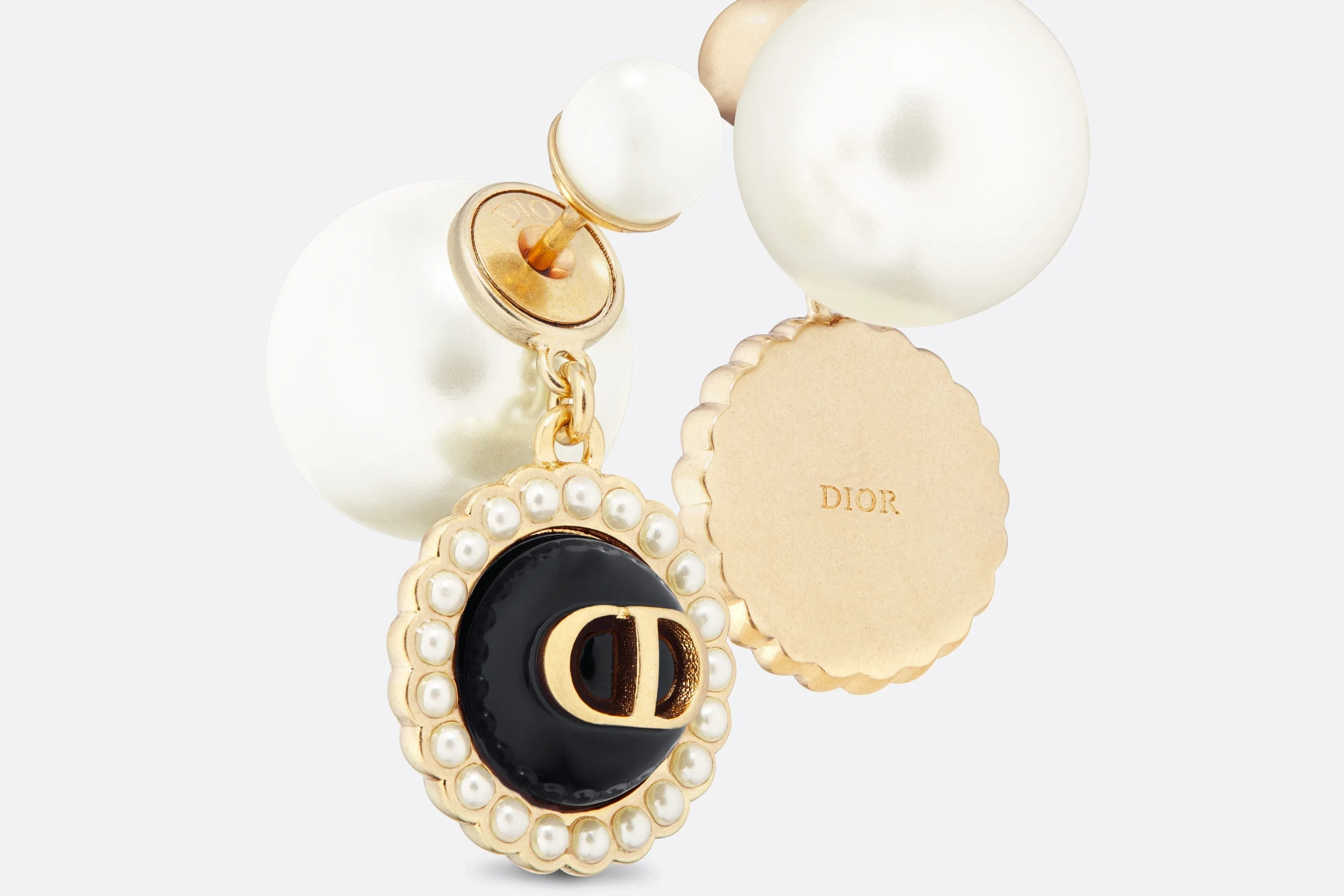 Dior Tribales Earrings • Gold-Finish Metal with White Resin Pearls and Black Glass