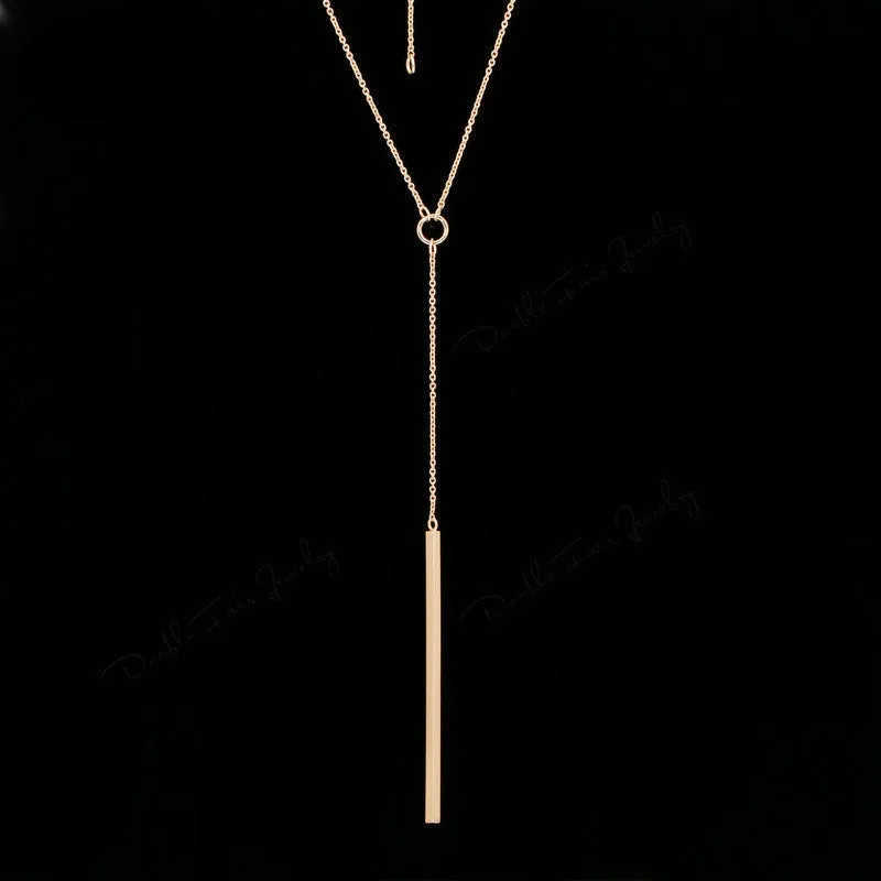 Double Fair Anti Allergy Y Style Chain Long Necklaces & Pendants Rose Gold Plated Strip Bar Jewelry For Women DFN601