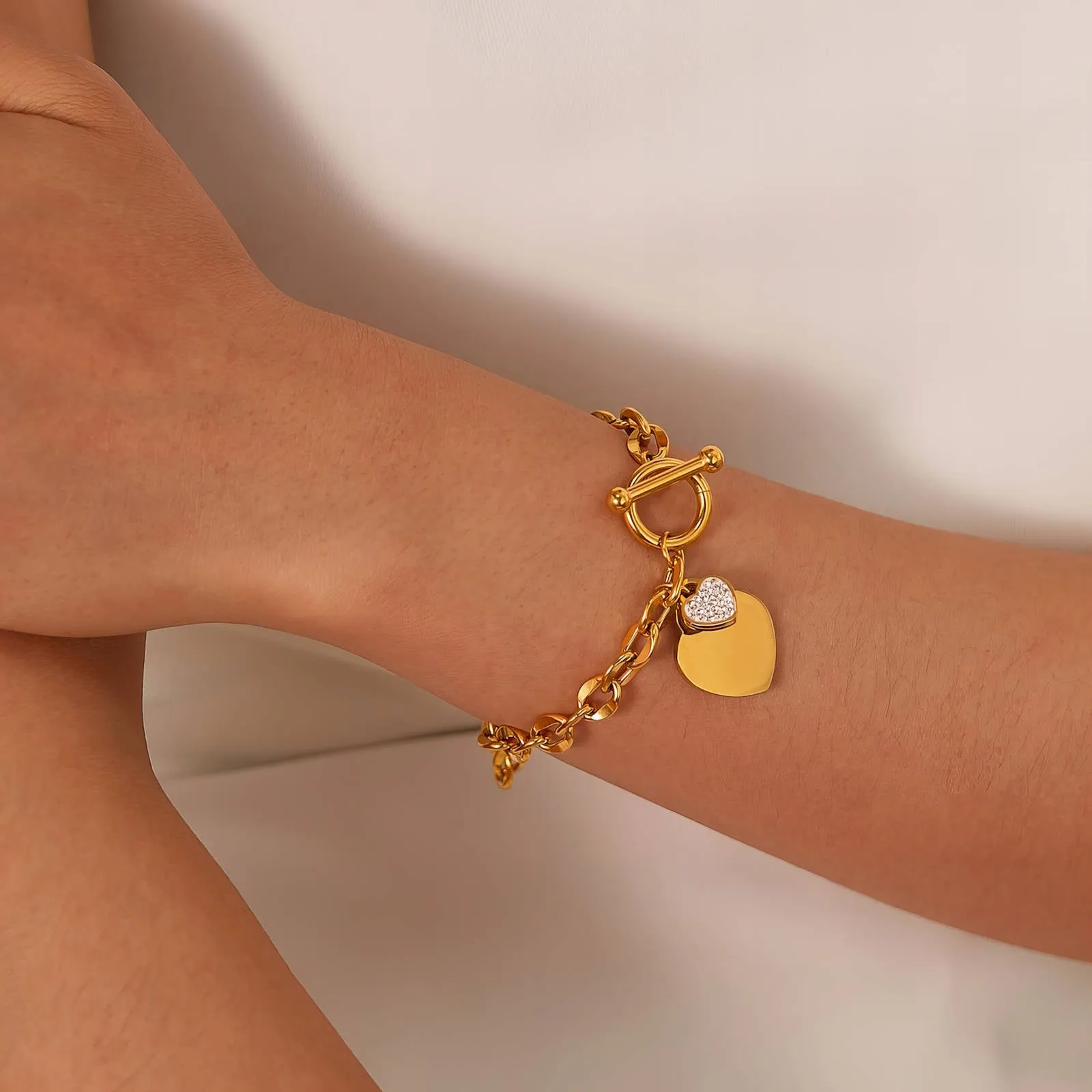 Double-Heart Lock Toggle Bracelet – 18K Gold