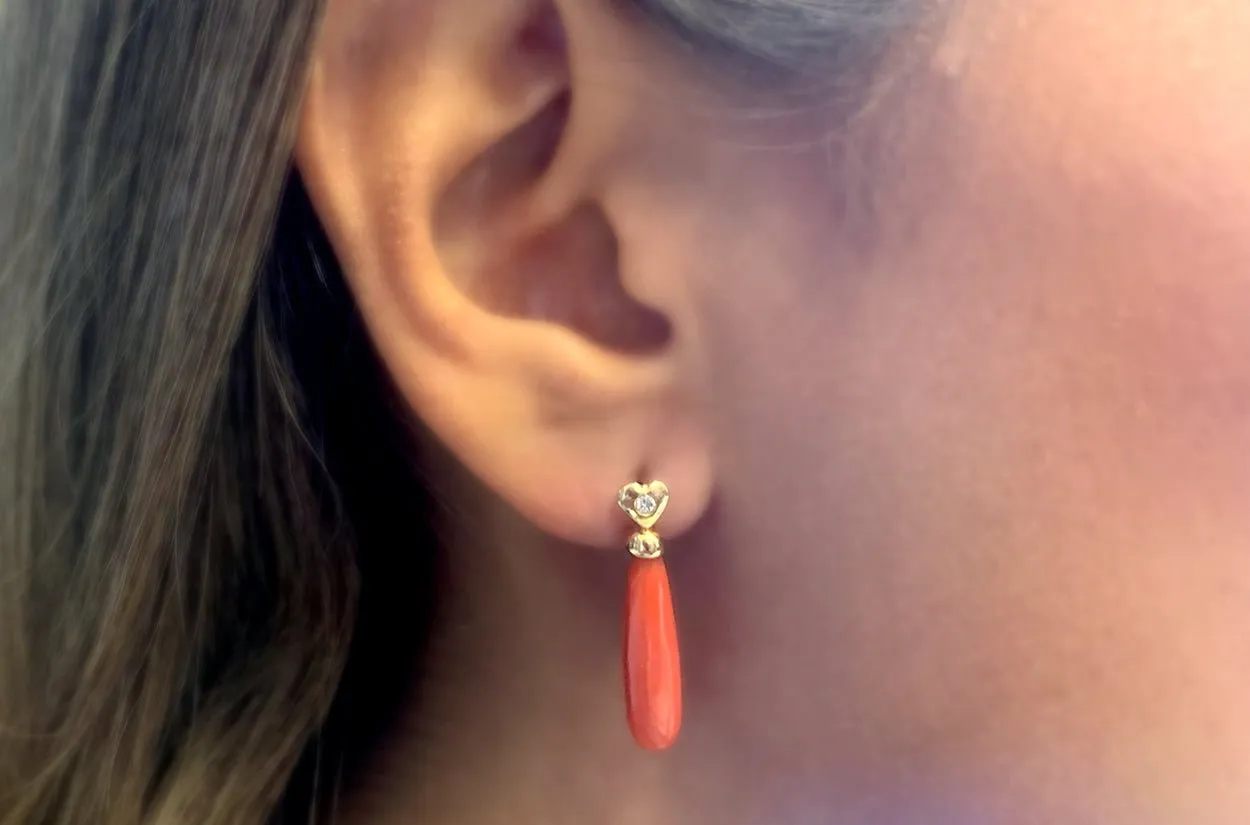 Earrings 14kt Gold Coral Briolette & Diamonds