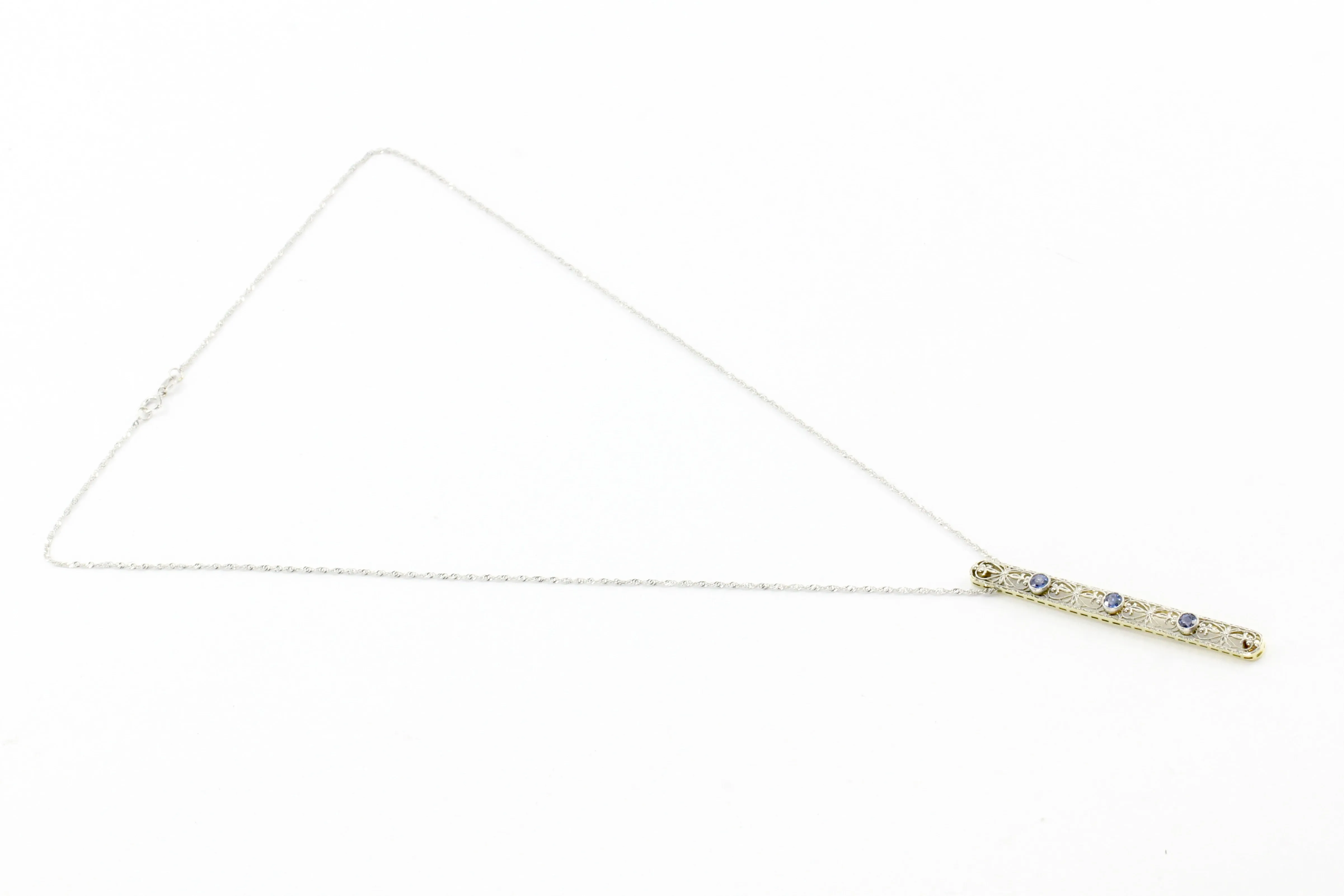 Edwardian 14K White Gold Sapphire Drop Pendant Necklace c.1900