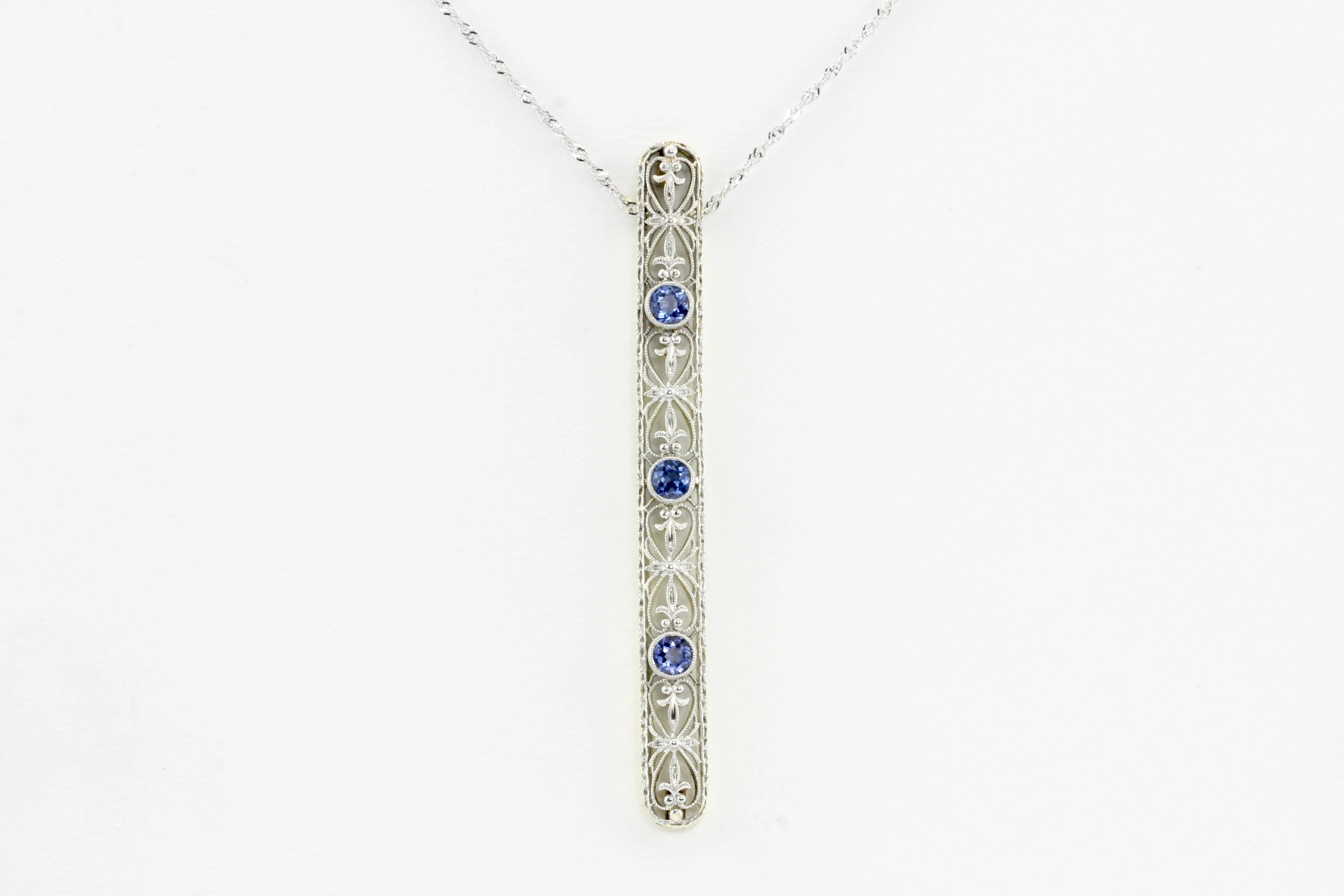 Edwardian 14K White Gold Sapphire Drop Pendant Necklace c.1900