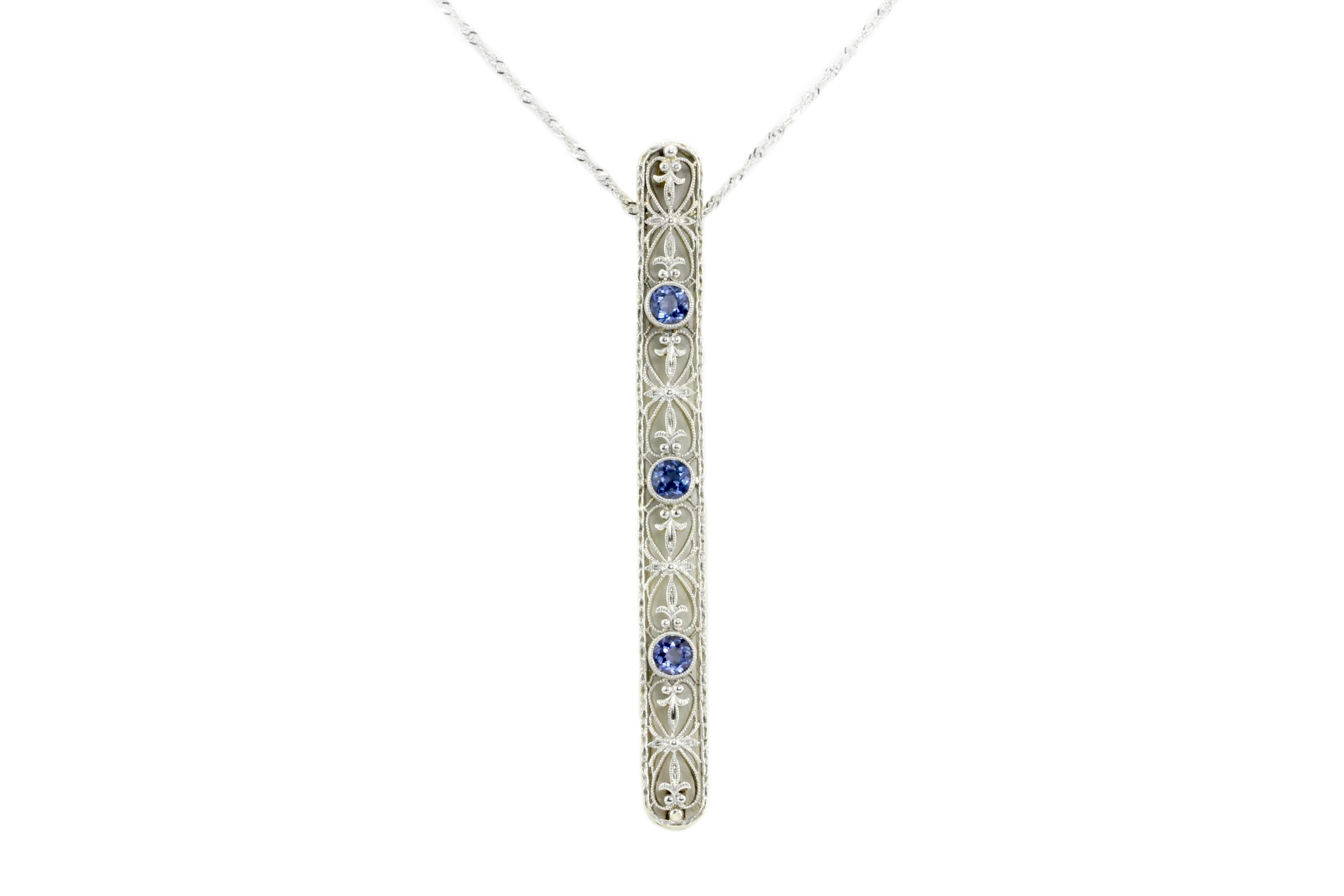 Edwardian 14K White Gold Sapphire Drop Pendant Necklace c.1900