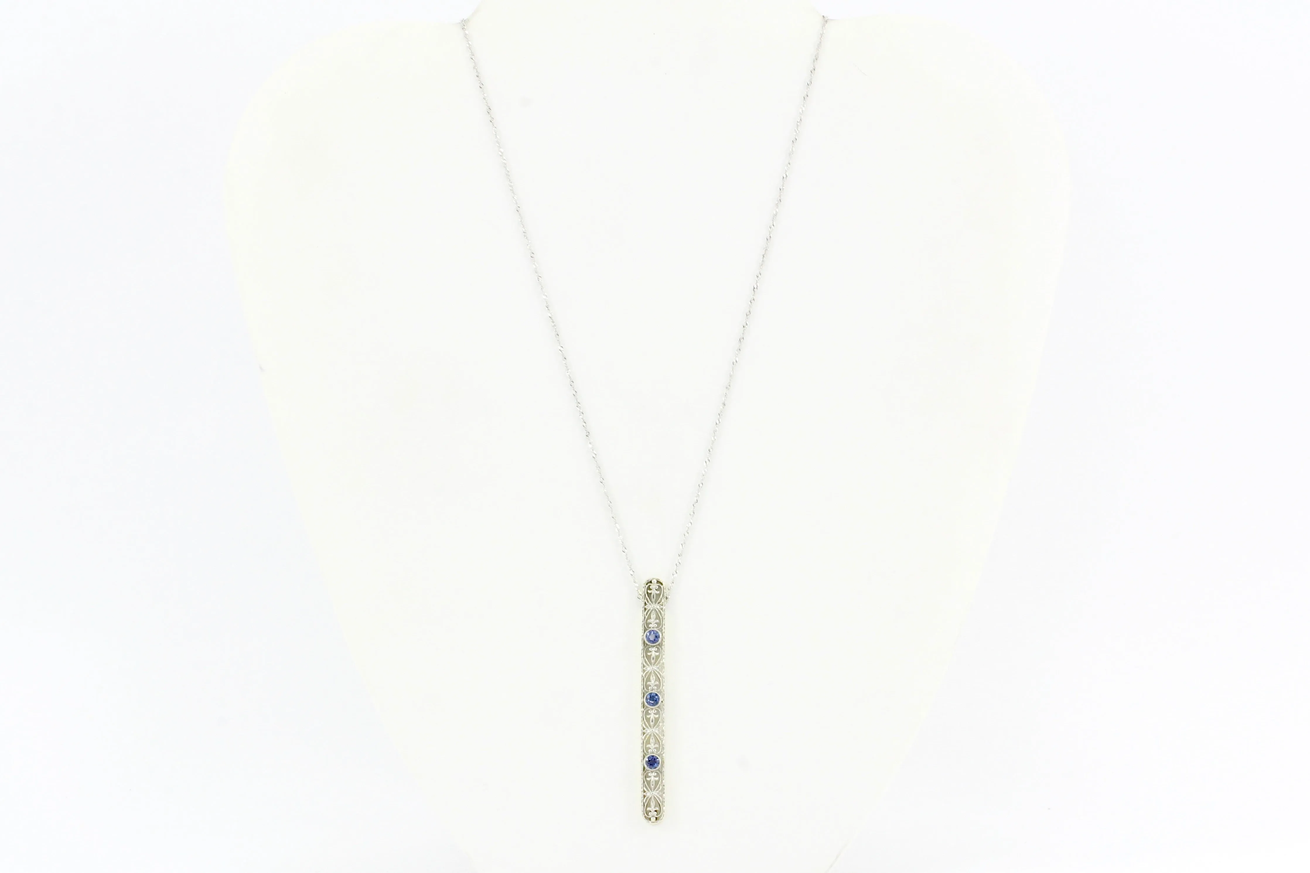 Edwardian 14K White Gold Sapphire Drop Pendant Necklace c.1900