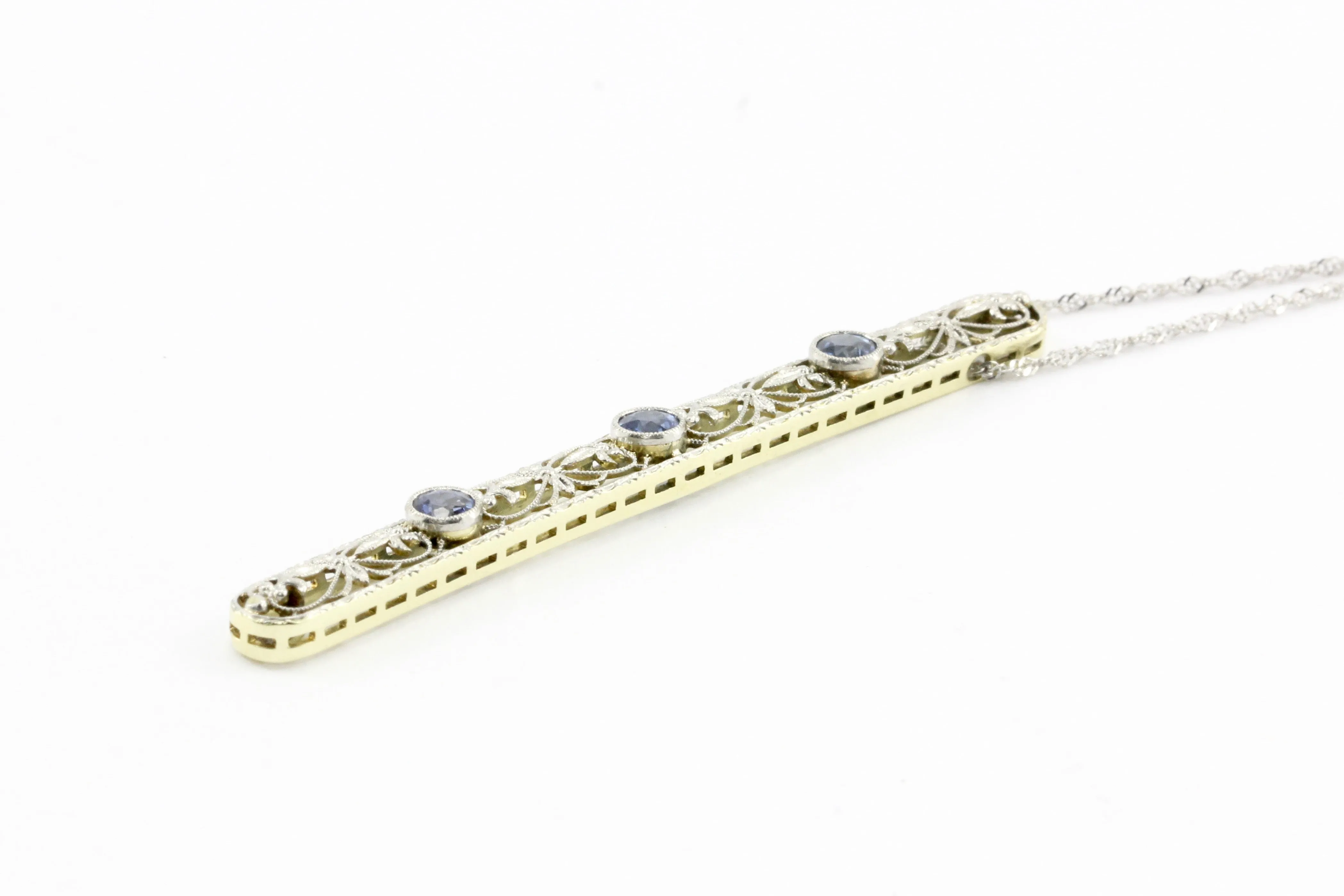 Edwardian 14K White Gold Sapphire Drop Pendant Necklace c.1900
