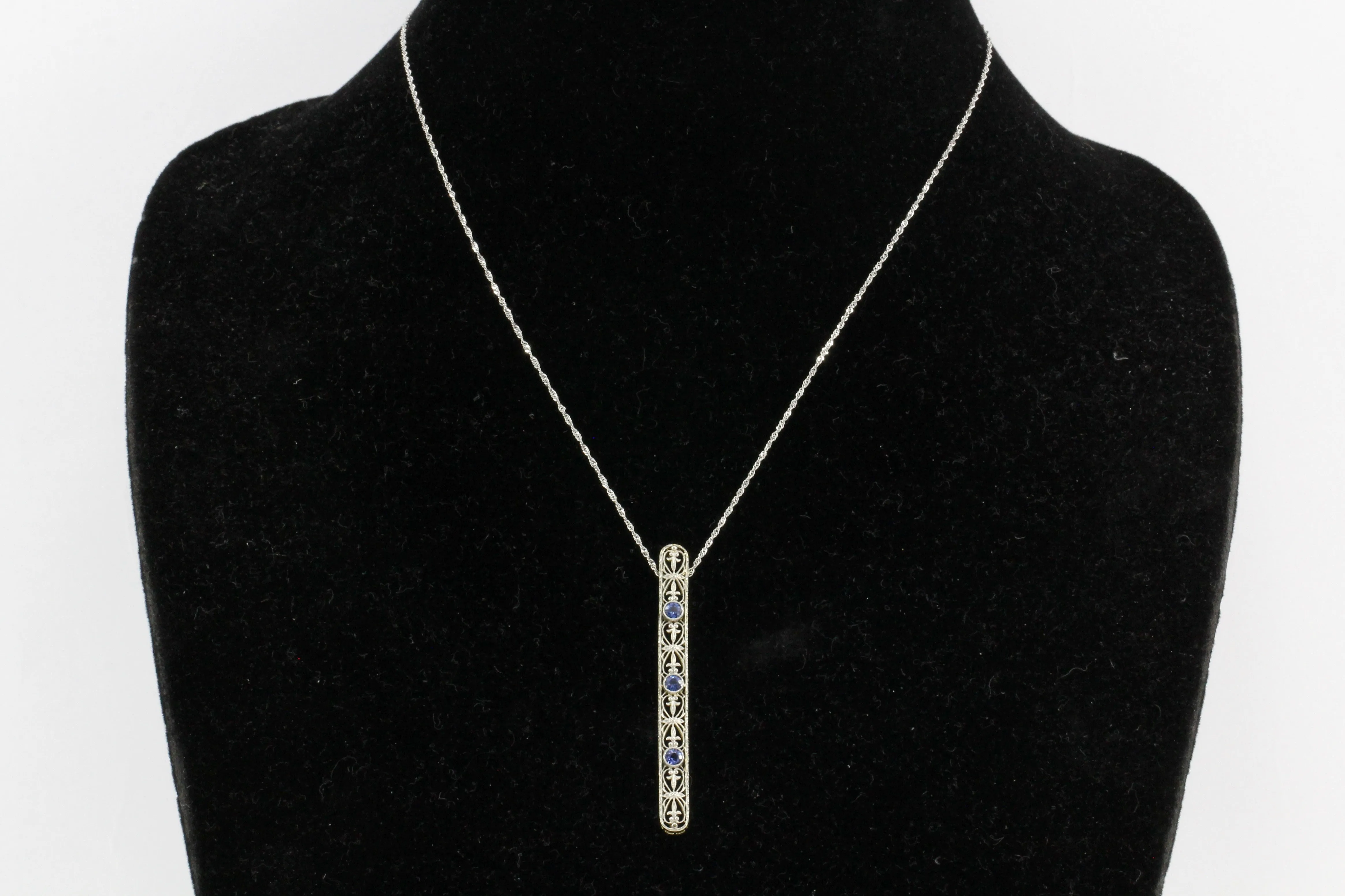 Edwardian 14K White Gold Sapphire Drop Pendant Necklace c.1900