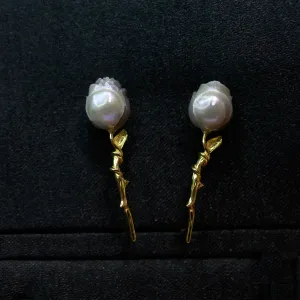 Elegant Carved Rose Grey Pearl Earrings