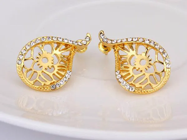 Elegant water drop shaped gold plated stud earrings with cubic zircons