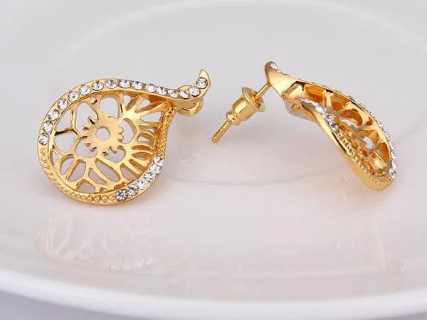 Elegant water drop shaped gold plated stud earrings with cubic zircons