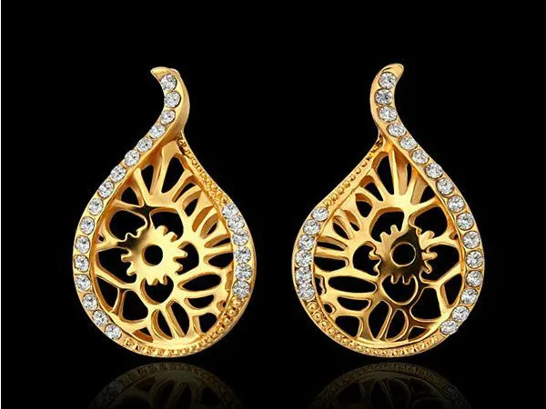 Elegant water drop shaped gold plated stud earrings with cubic zircons