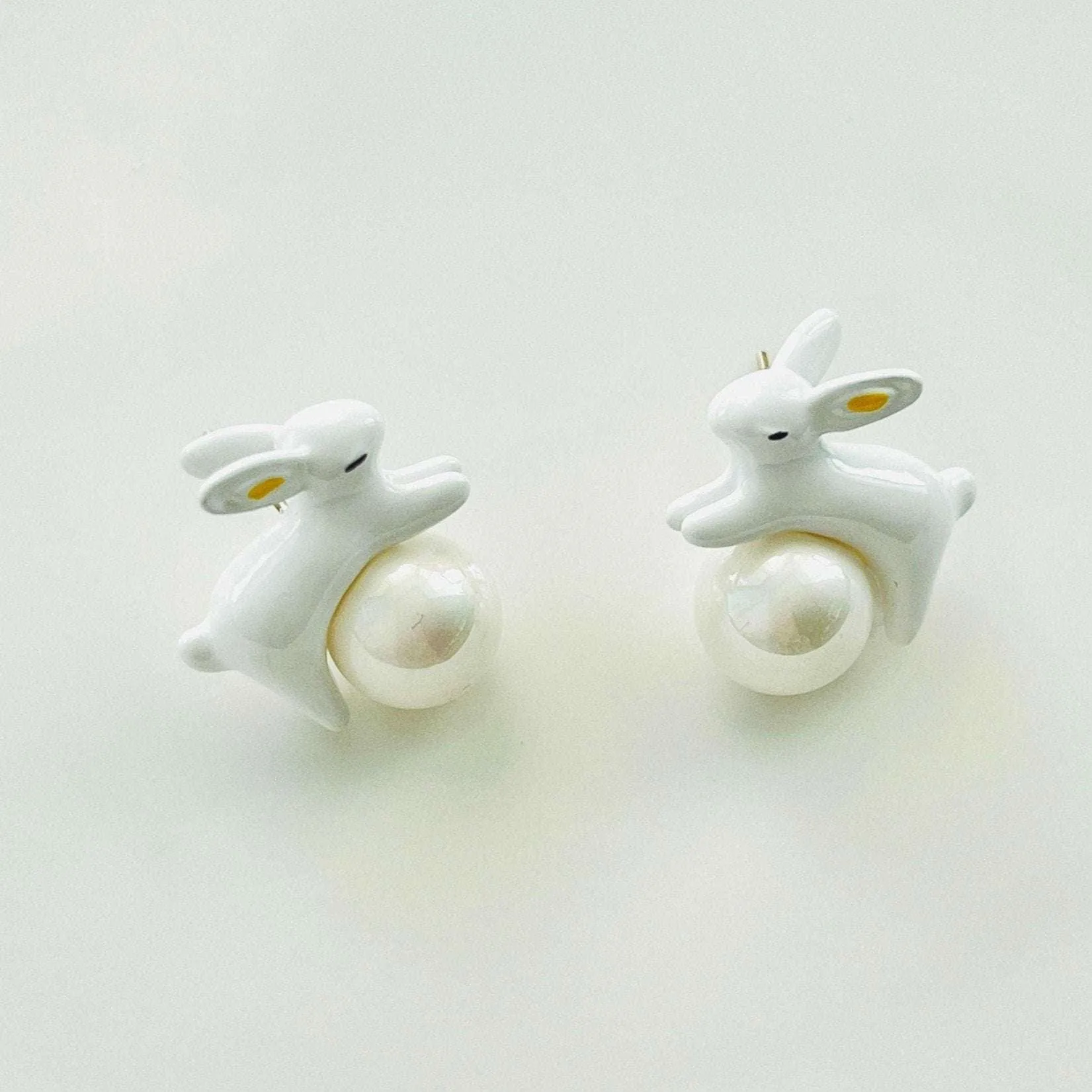 Enamel White Rabbit Pearl Stud Earrings ( Jewelry Set Available)