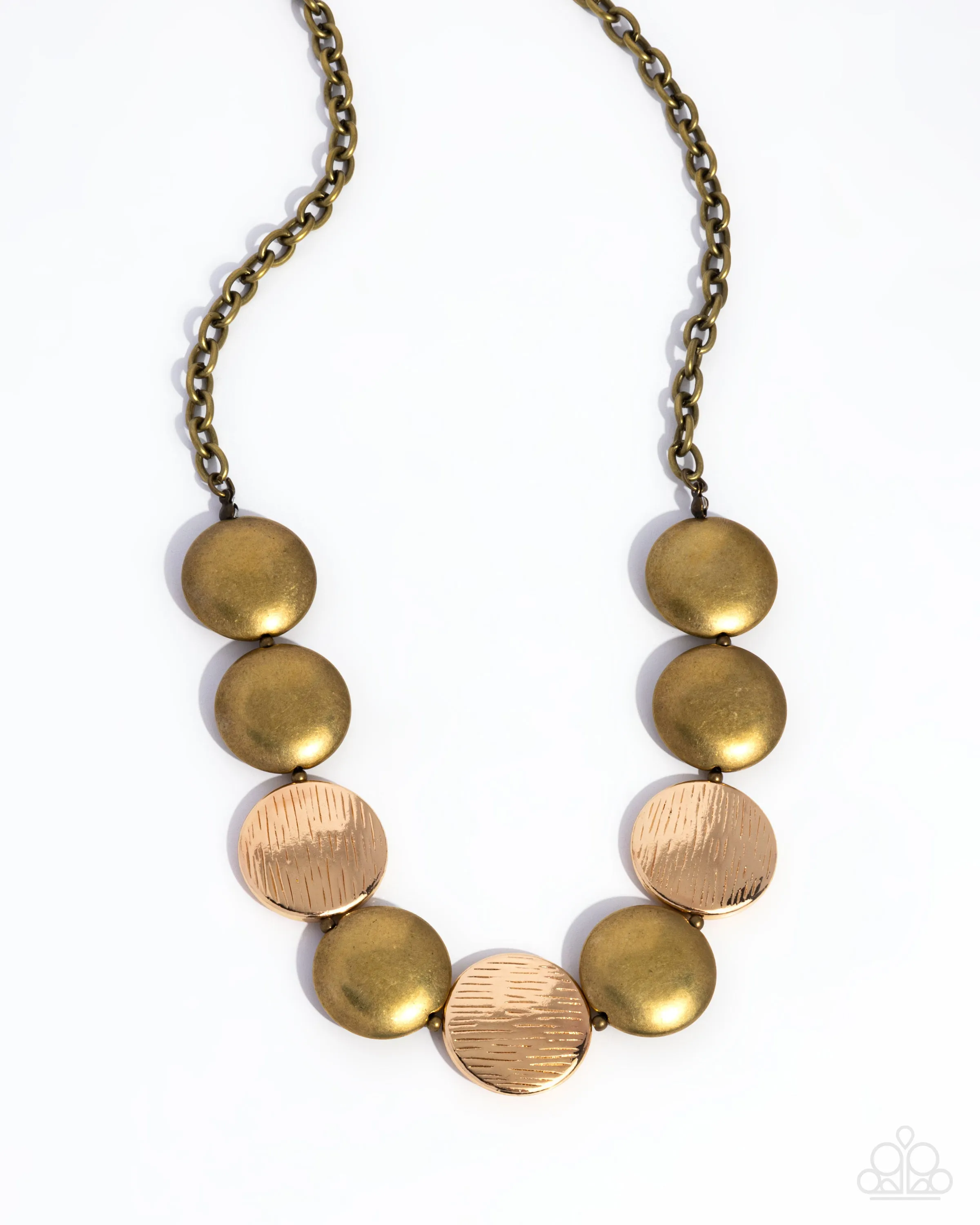 Engraved Energy - Brass - Antiqued and Textured Gold Disc Mixed Metal Paparazzi Short Necklace