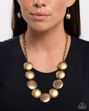 Engraved Energy - Brass - Antiqued and Textured Gold Disc Mixed Metal Paparazzi Short Necklace