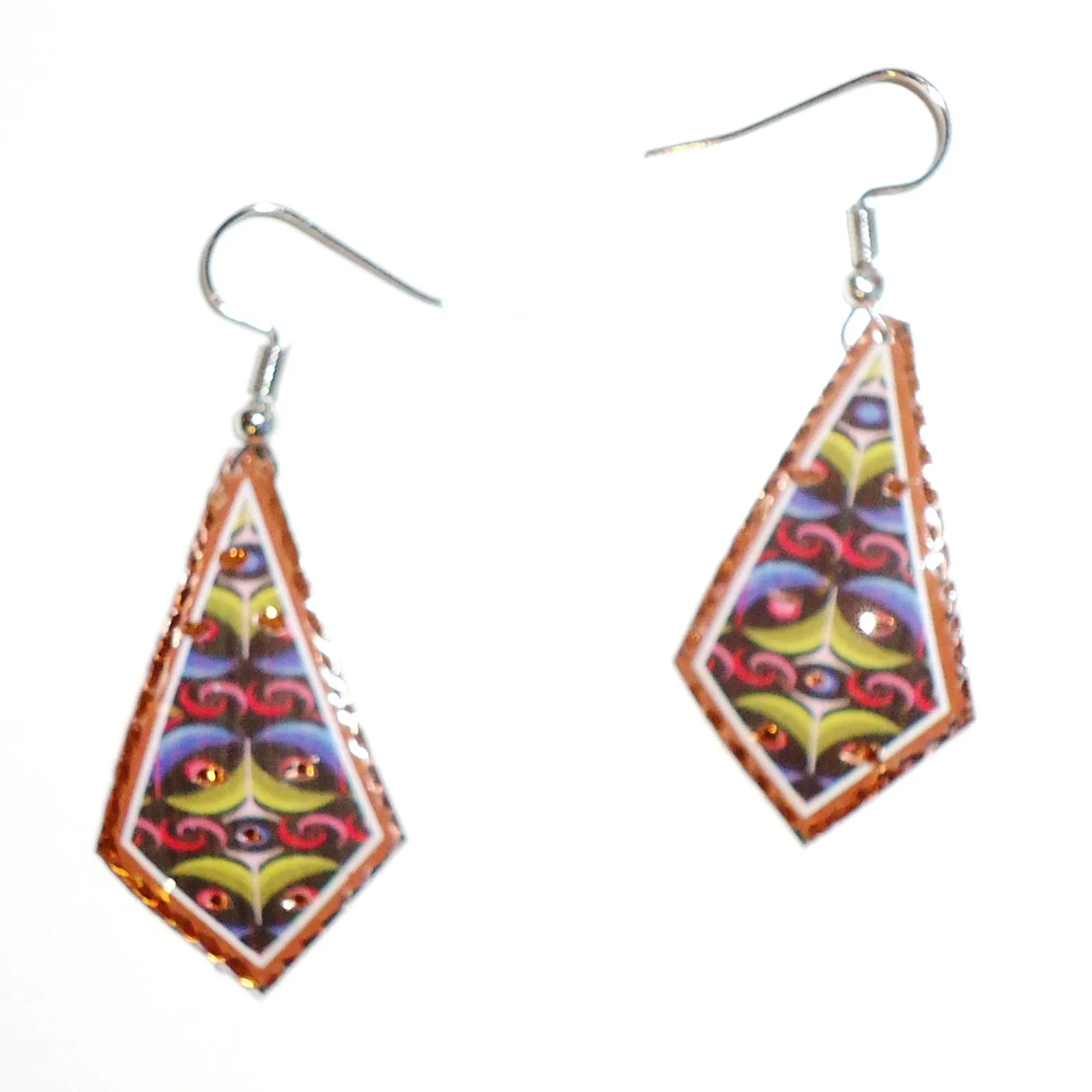 Etched Copper Geometric Earrings - Multicolor Long Diamonds
