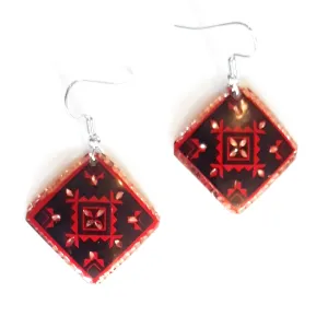 Etched Copper Geometric Earrings - Red/Black Diamonds