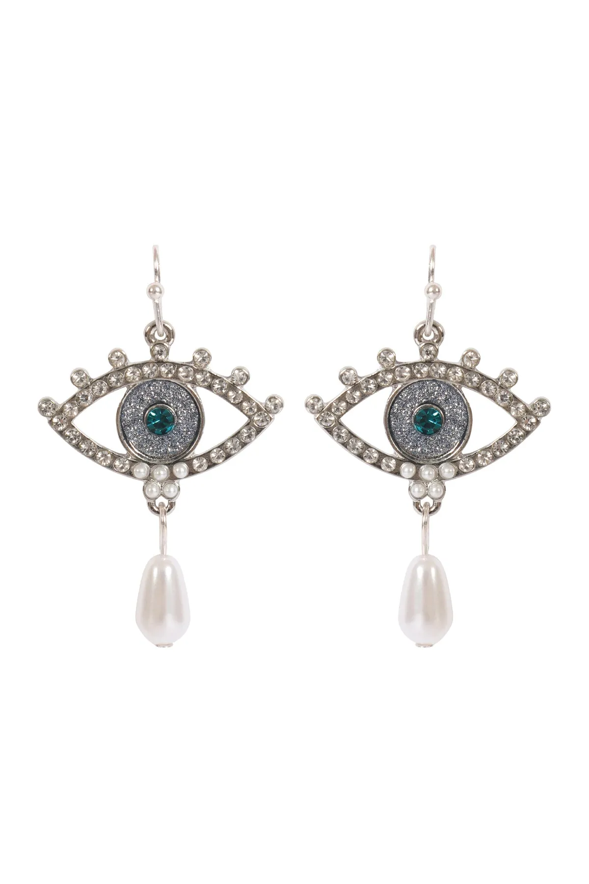 EVIL EYE PAVE SAND STICKER PEARL HOOK EARRINGS