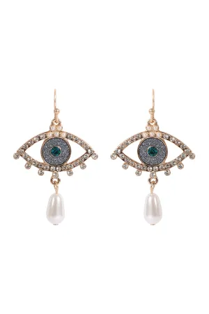 EVIL EYE PAVE SAND STICKER PEARL HOOK EARRINGS
