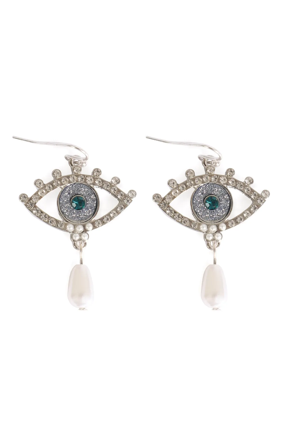 EVIL EYE PAVE SAND STICKER PEARL HOOK EARRINGS
