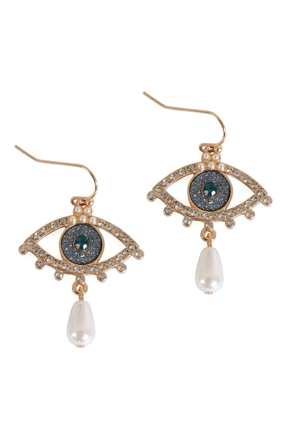 EVIL EYE PAVE SAND STICKER PEARL HOOK EARRINGS