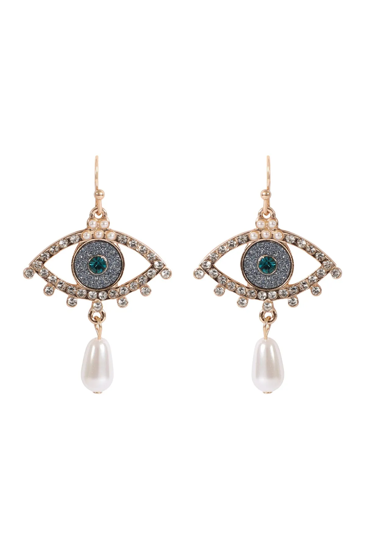 EVIL EYE PAVE SAND STICKER PEARL HOOK EARRINGS