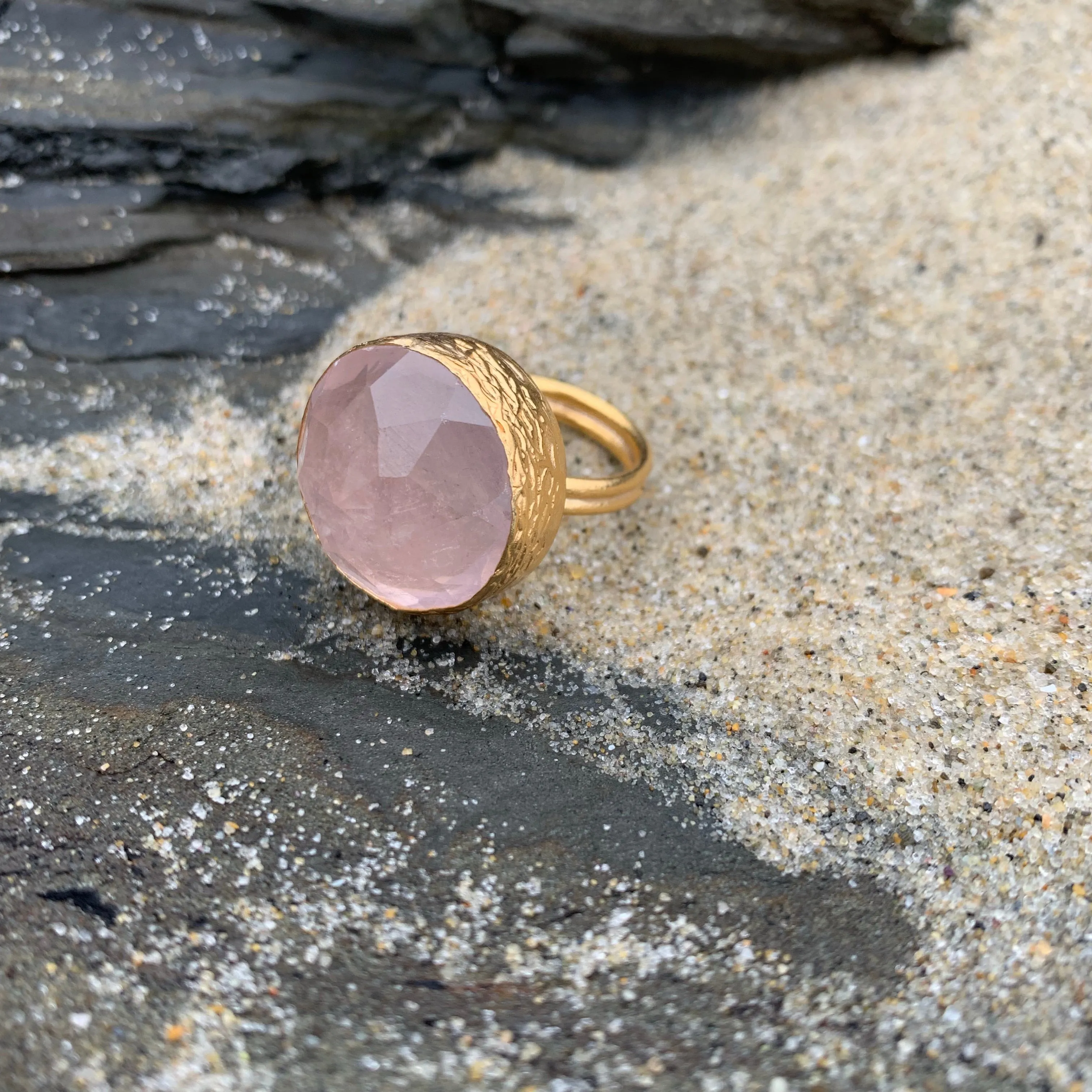 Faceted Round Rose Quartz Ring in Gold