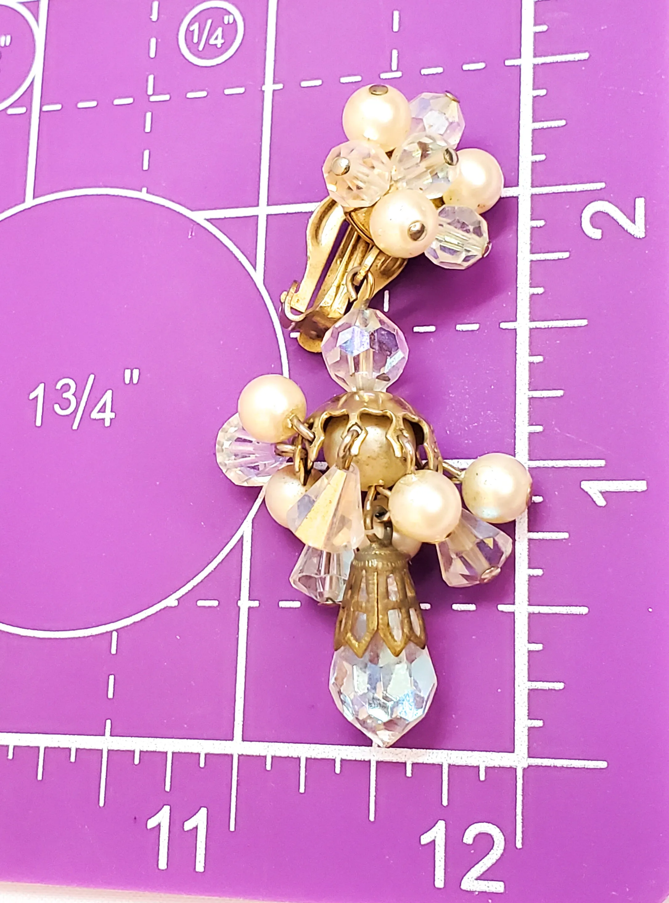 Faux pearl and Austrian crystal cluster drop vintage clip on earrings mid century