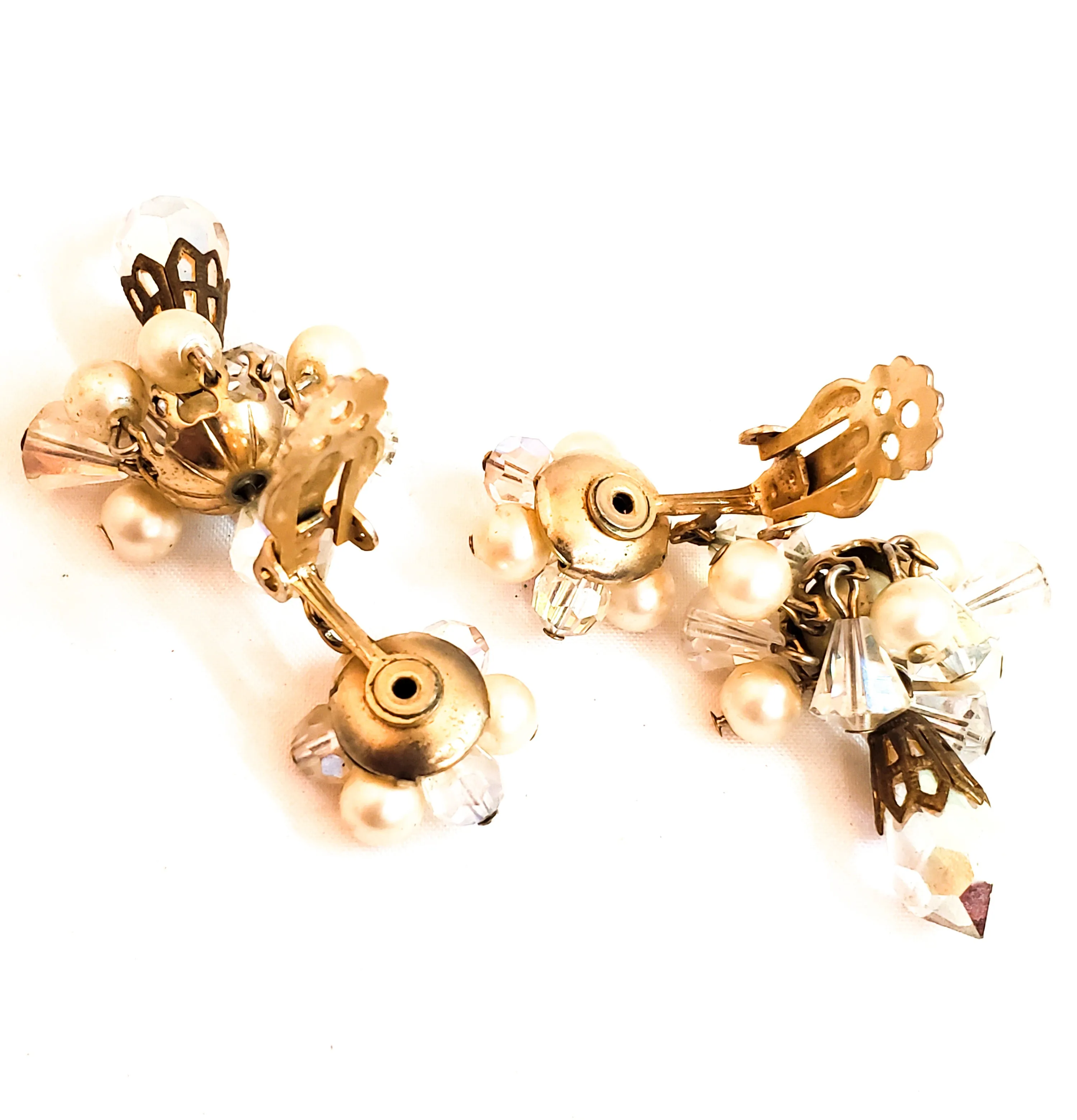 Faux pearl and Austrian crystal cluster drop vintage clip on earrings mid century